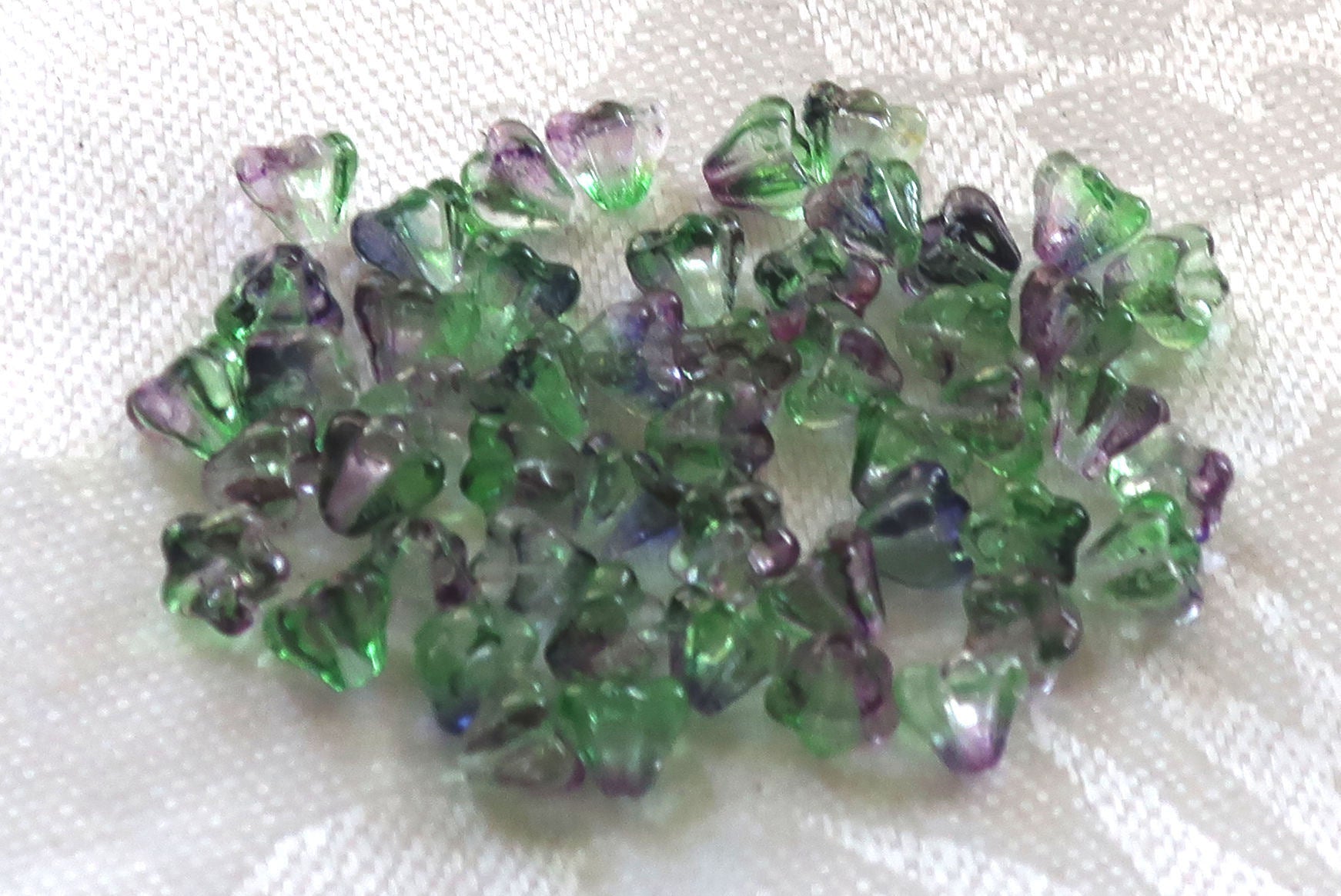 Lot of 50 6mm x 4mm Blueberry Green Tea baby Bell Flower Czech glass beads, blue/violet & green pressed glass beads C0089