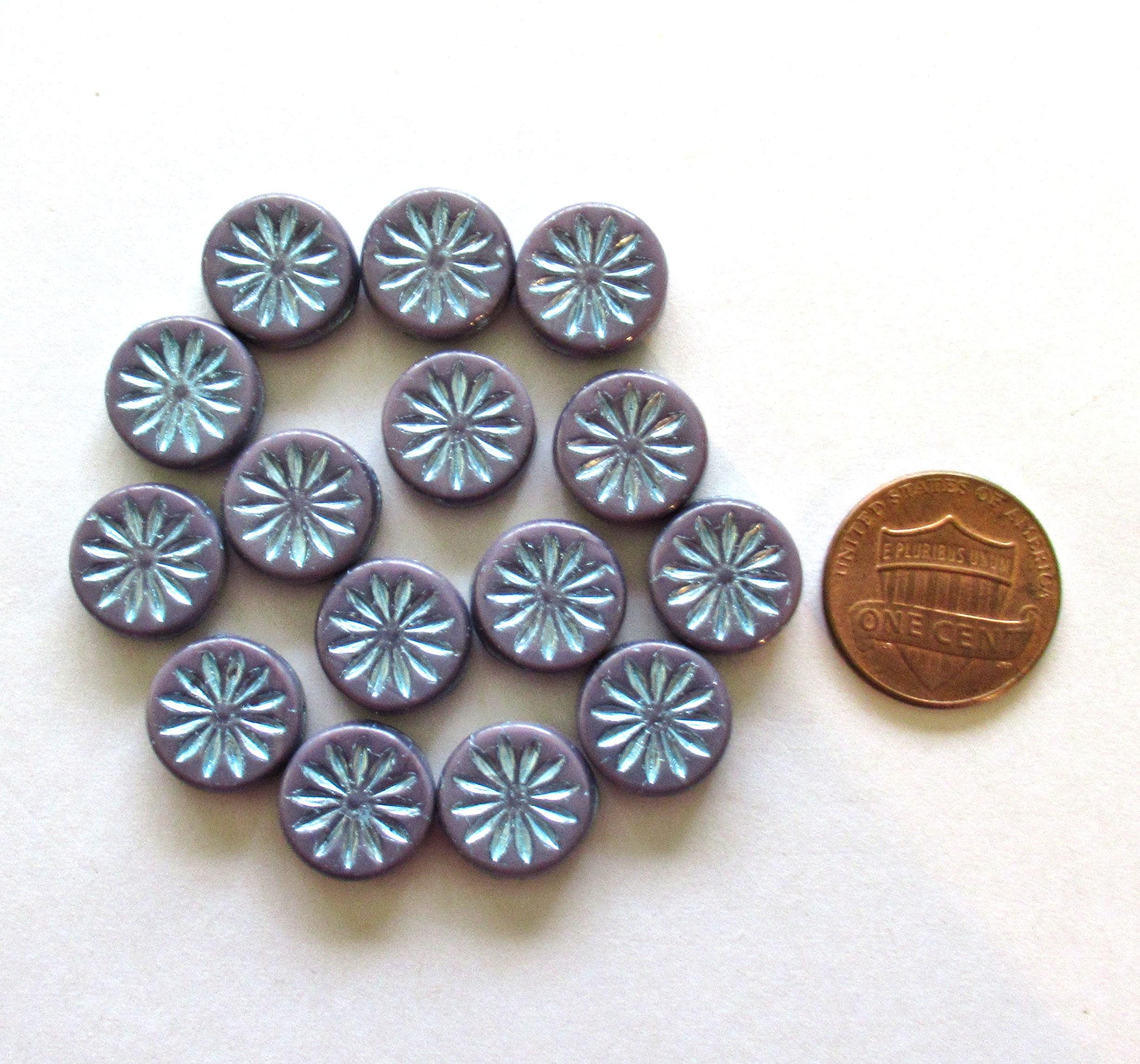 6 Czech glass coin beads - 12mm opaque purple Aster flower disc beads with a metallic blue wash - flat round beads - 00621