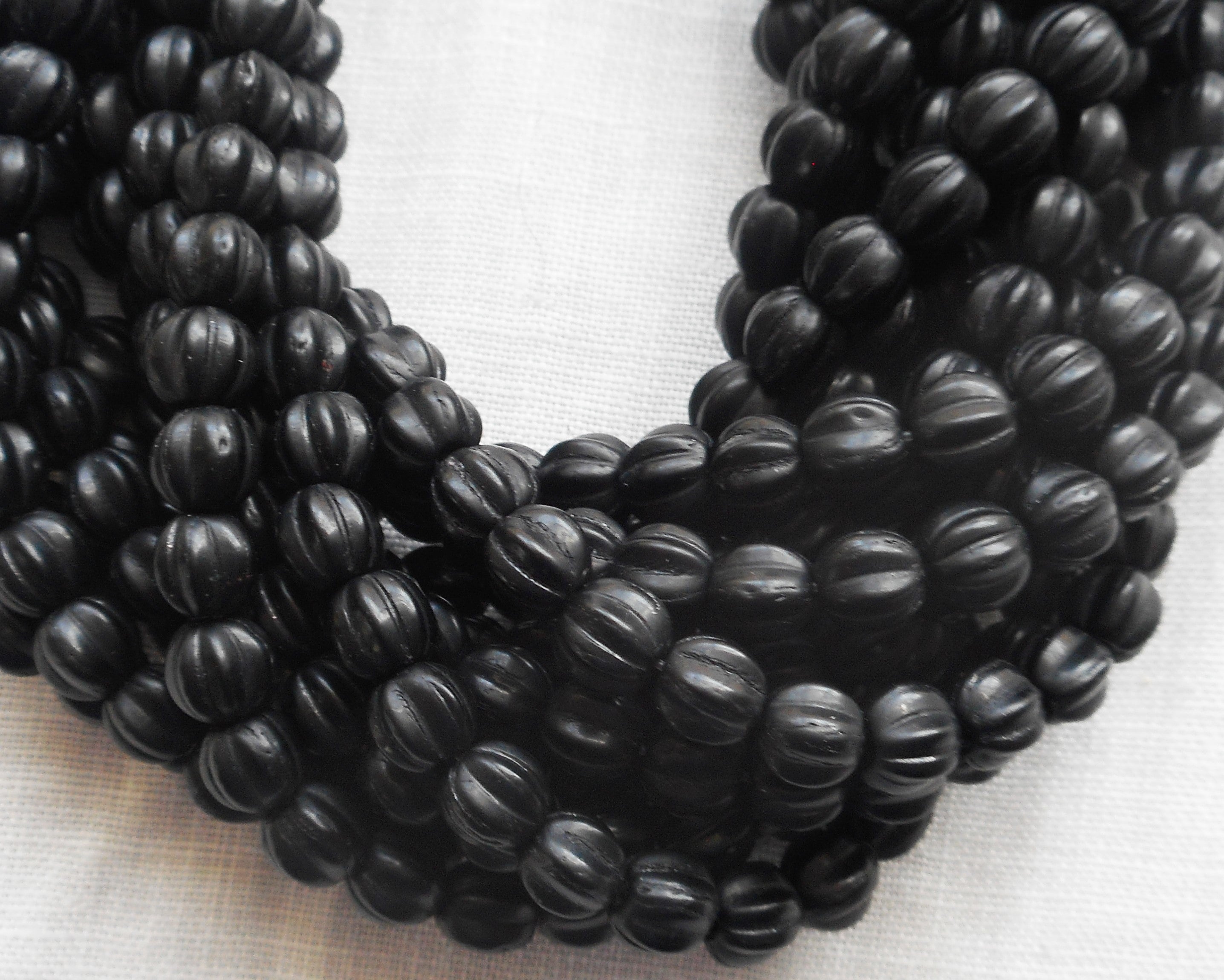 Fifty 5mm Matte Jet Black glass melon beads, Czech pressed glass beads C0950