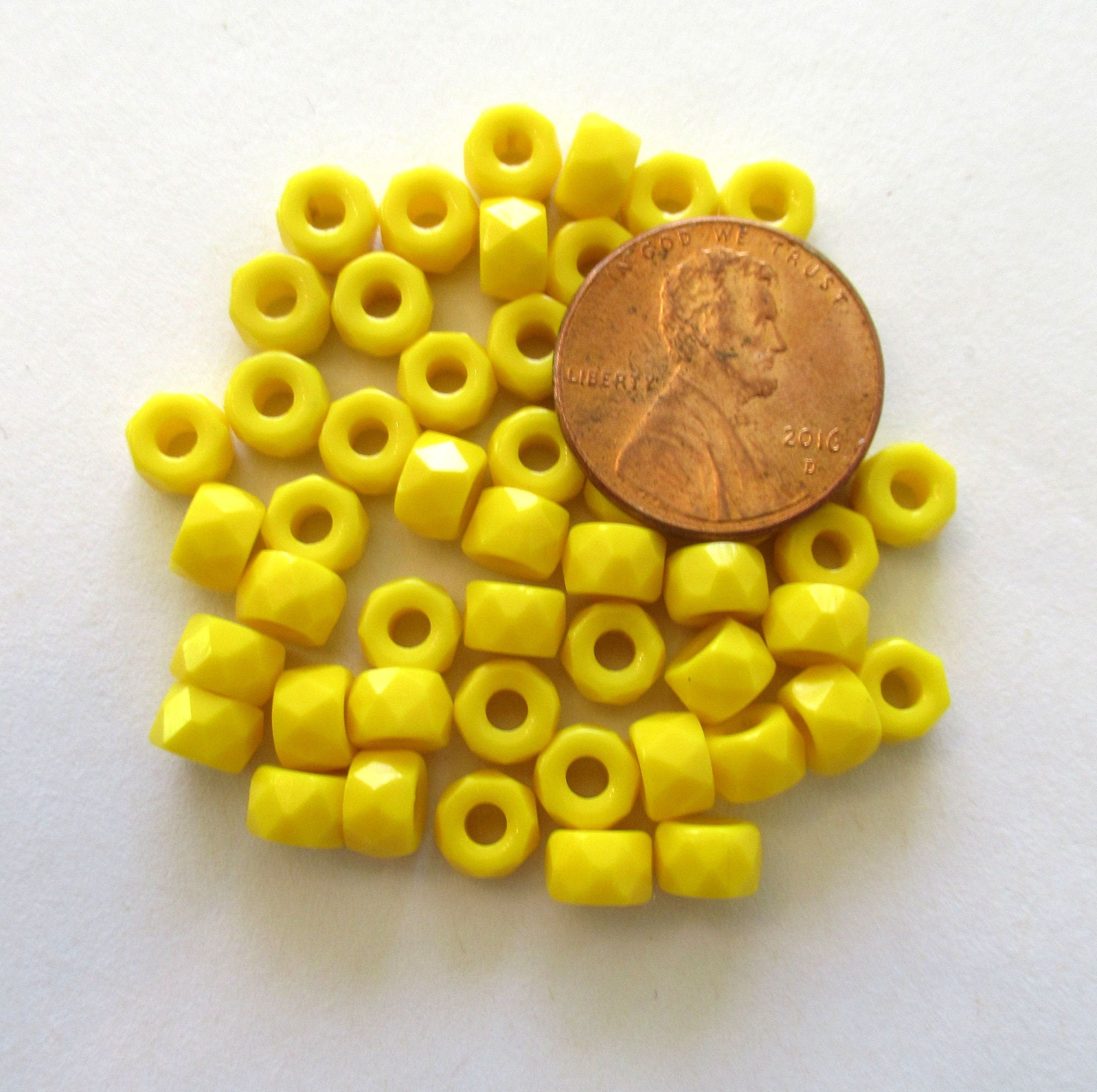 Lot of 50 6mm Czech glass faceted pony, roller or crow beads - bright opaque yellow large hole, fire polished beads C00111