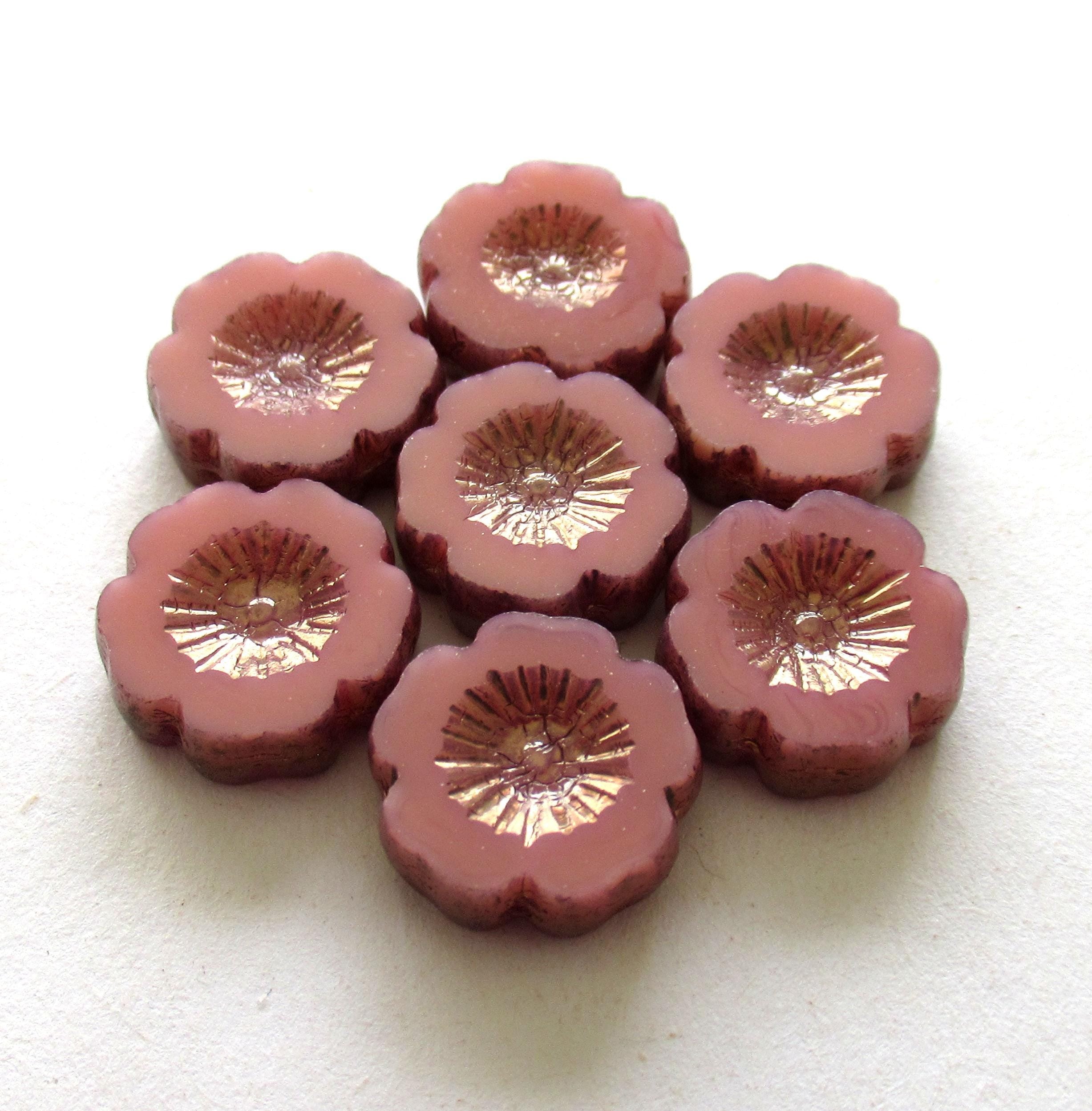 Six Czech glass flower beads - 14mm - opaque pink opal with bronze accents - table cut carved - Hawaiian hibiscus flower beads - C00851