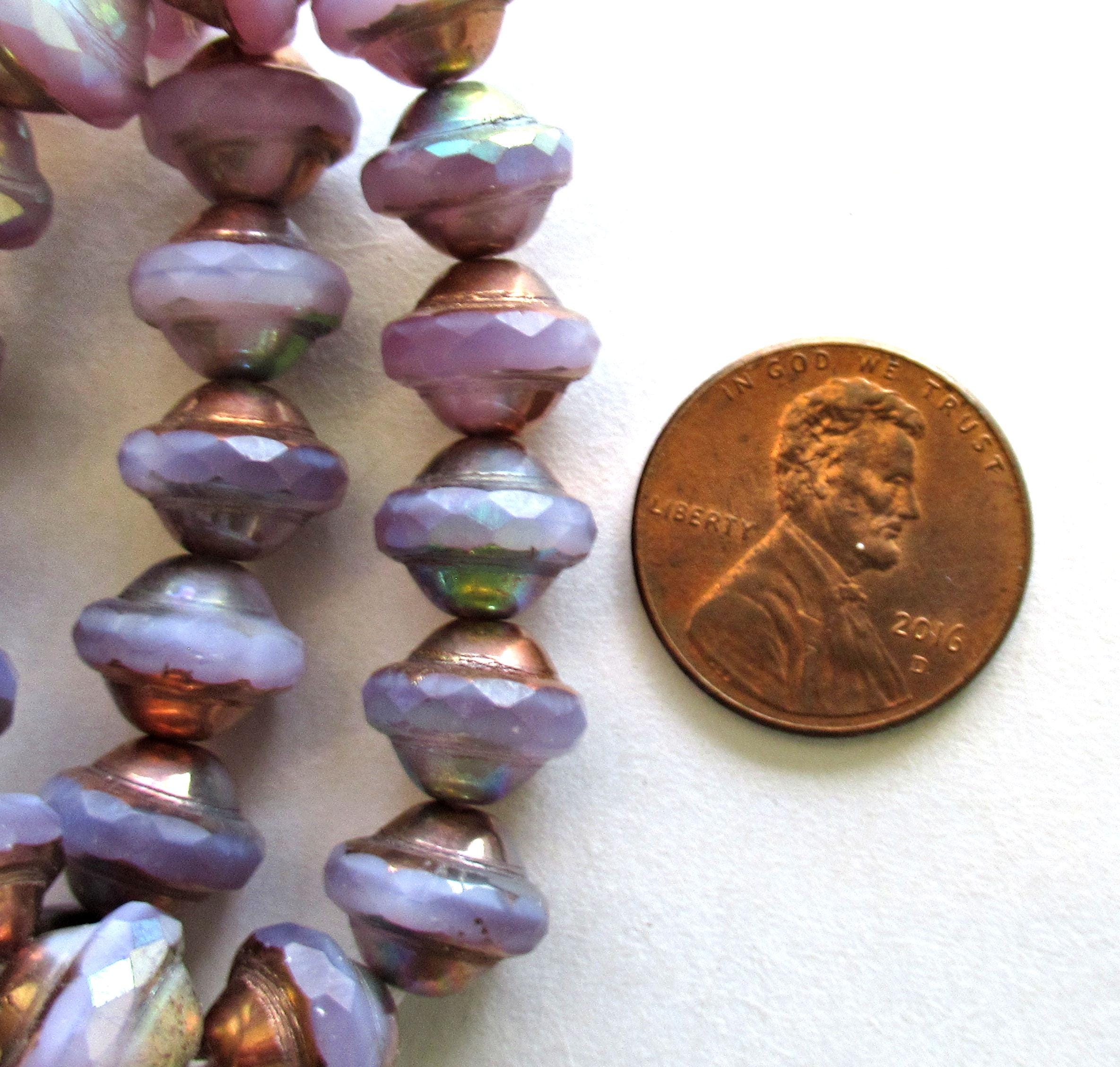 15 Czech glass saturn beads - 8 x 10mm translucent milky purple / lavender ab - faceted saucer beads with copper picasso accents C00542