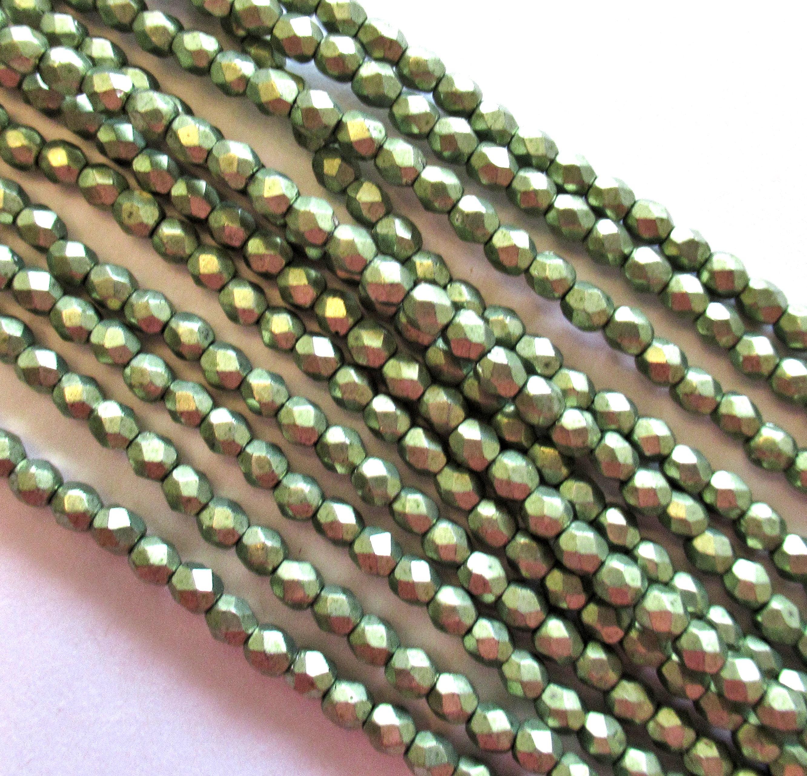 50 3mm Czech glass sage green beads - saturated metallic Greenery - fire polished faceted round beads - C0043