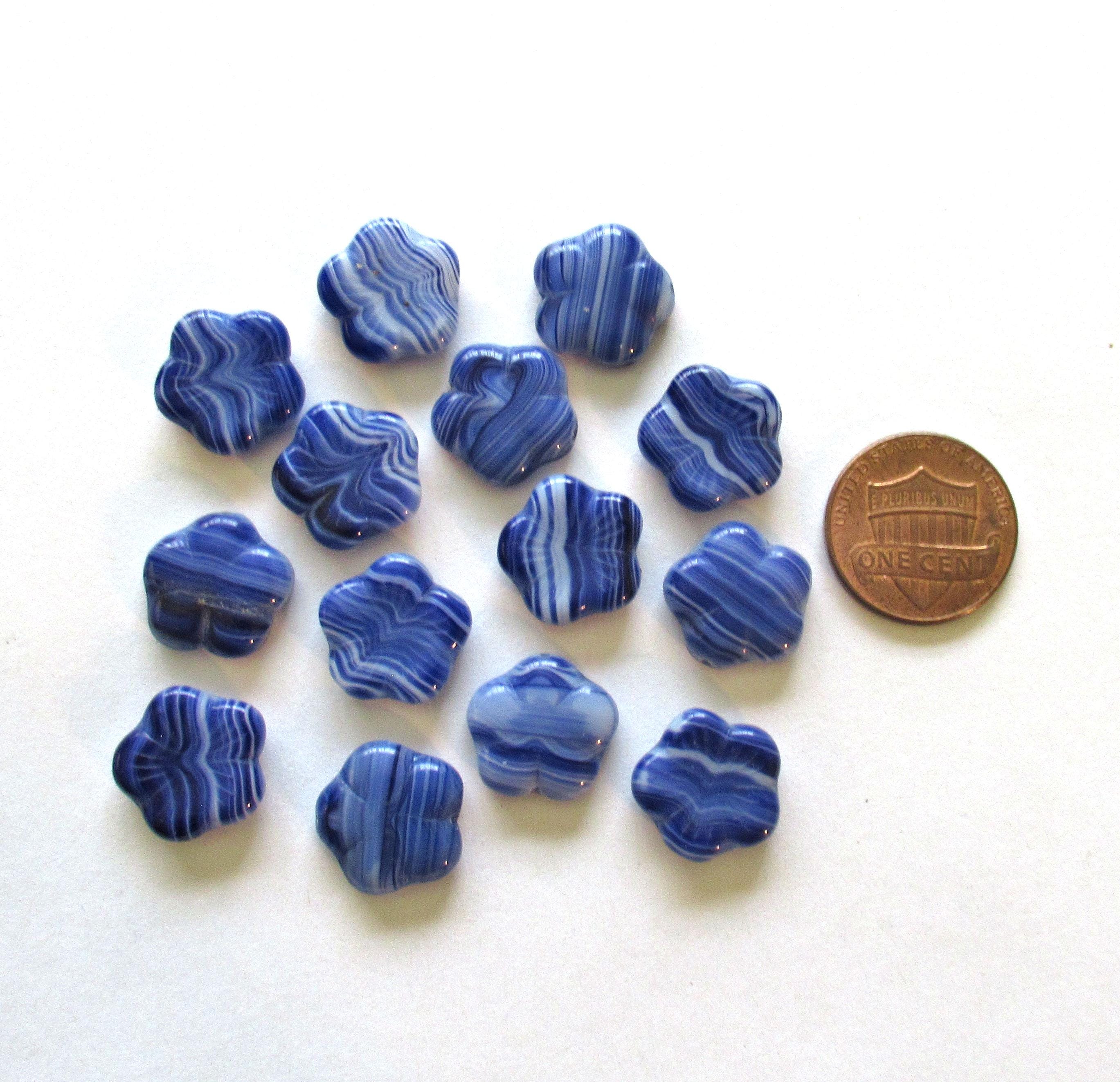 Ten 14mm Czech glass flower beads - opaque marbled dark blue & white beads - striped pressed floral beads - C0331