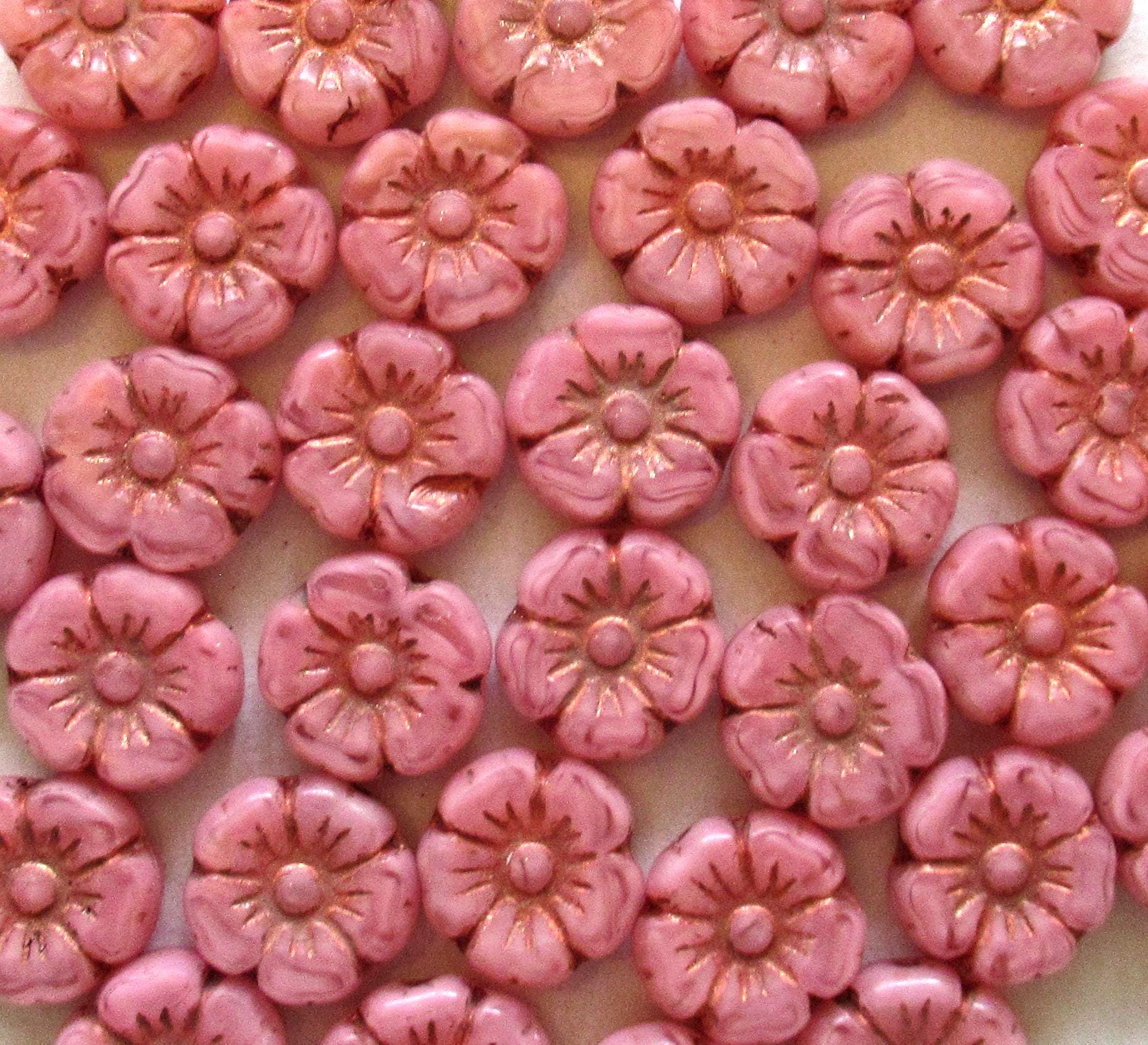 Ten 10mm Czech glass flower beads - opaque marbled pink silk w/ a copper wash - Hawaiian hibiscus table cut flower beads - C00122