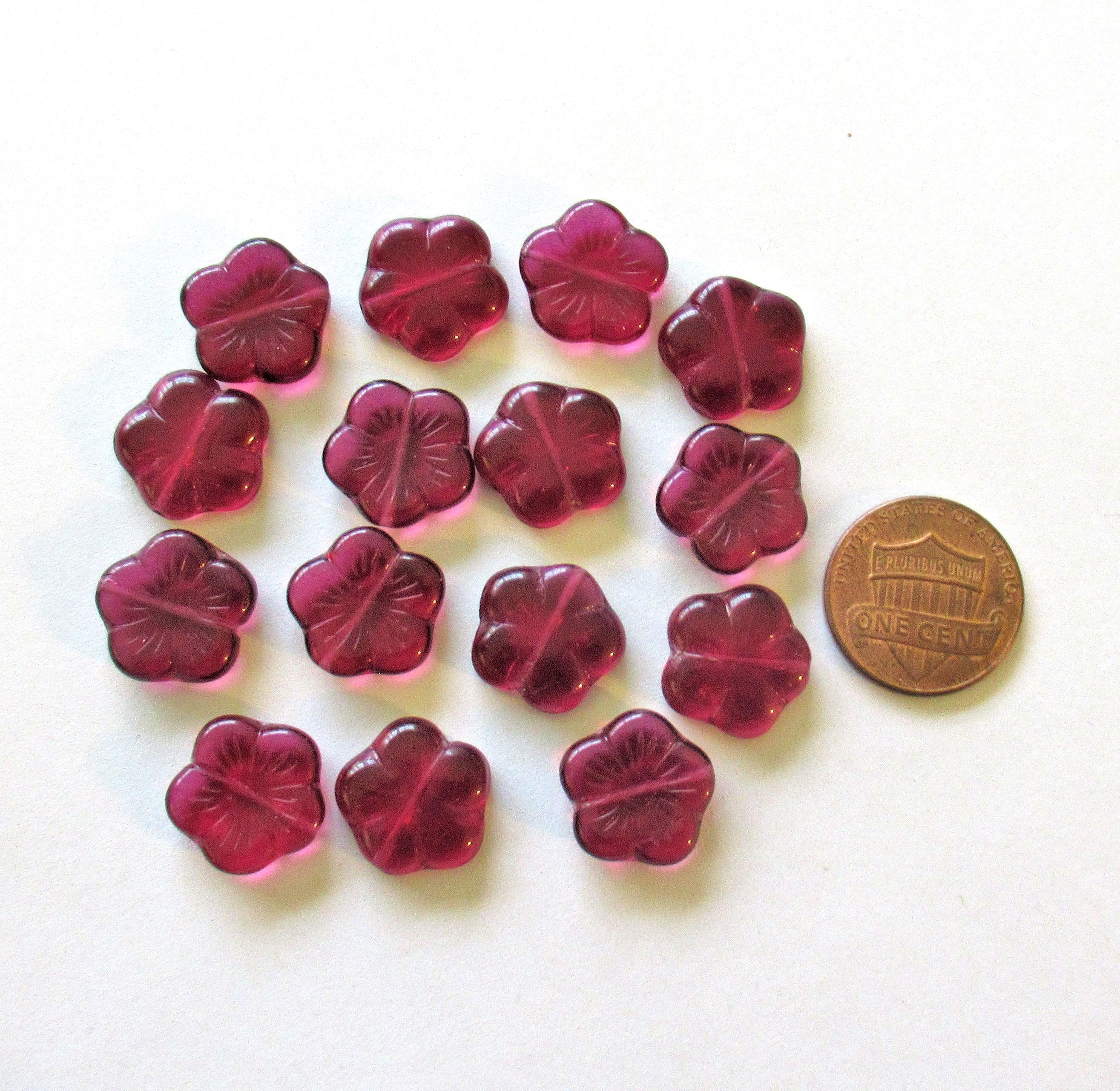Ten 14mm Czech glass flower beads - transparent fuchsia pink - pressed glass floral beads - C0881