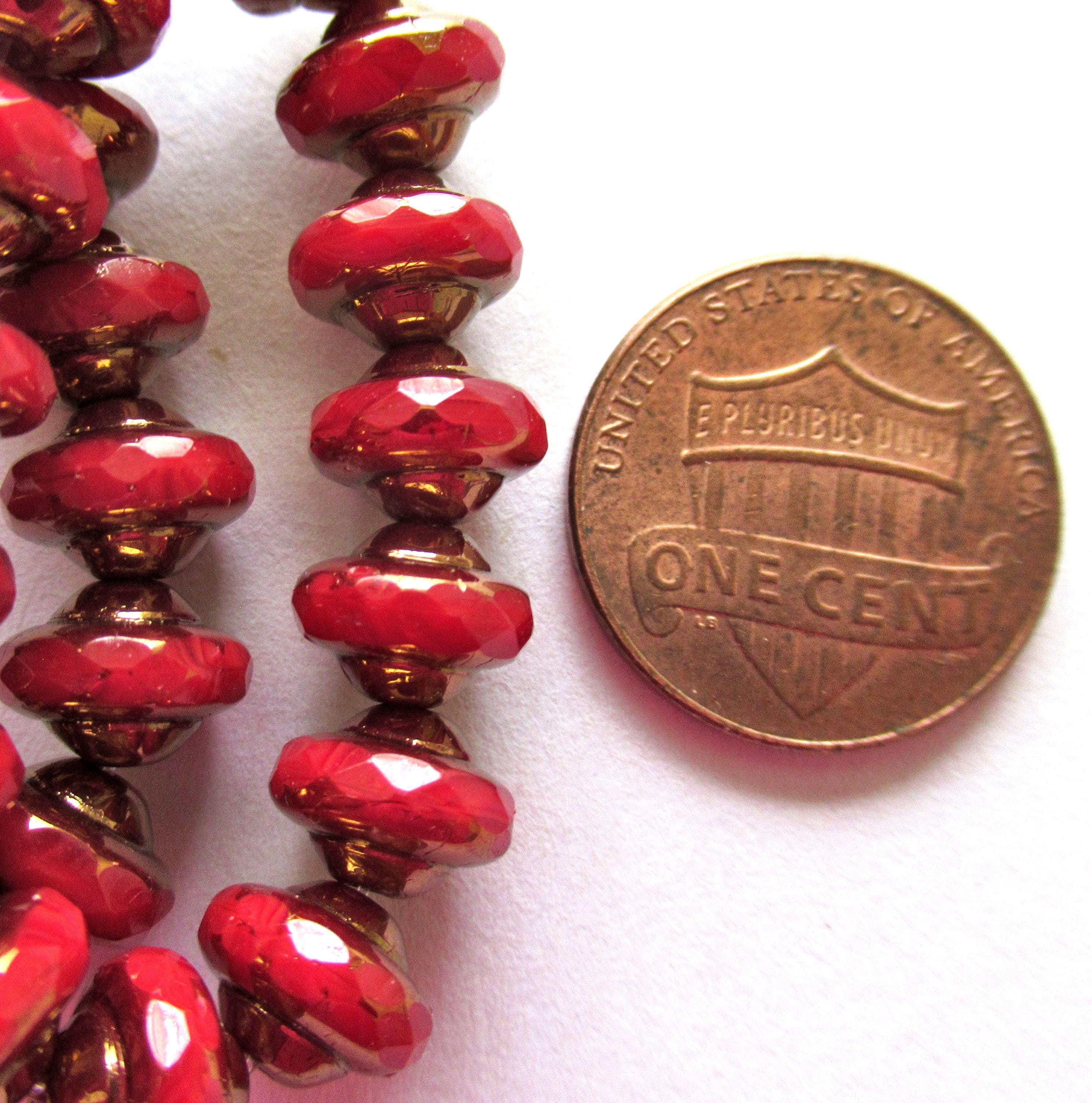 15 Czech glass mini saturn or saucer beads - opaque bright red w/ bronze picasso accents - 6 x 8mm faceted fire polished beads- C00842