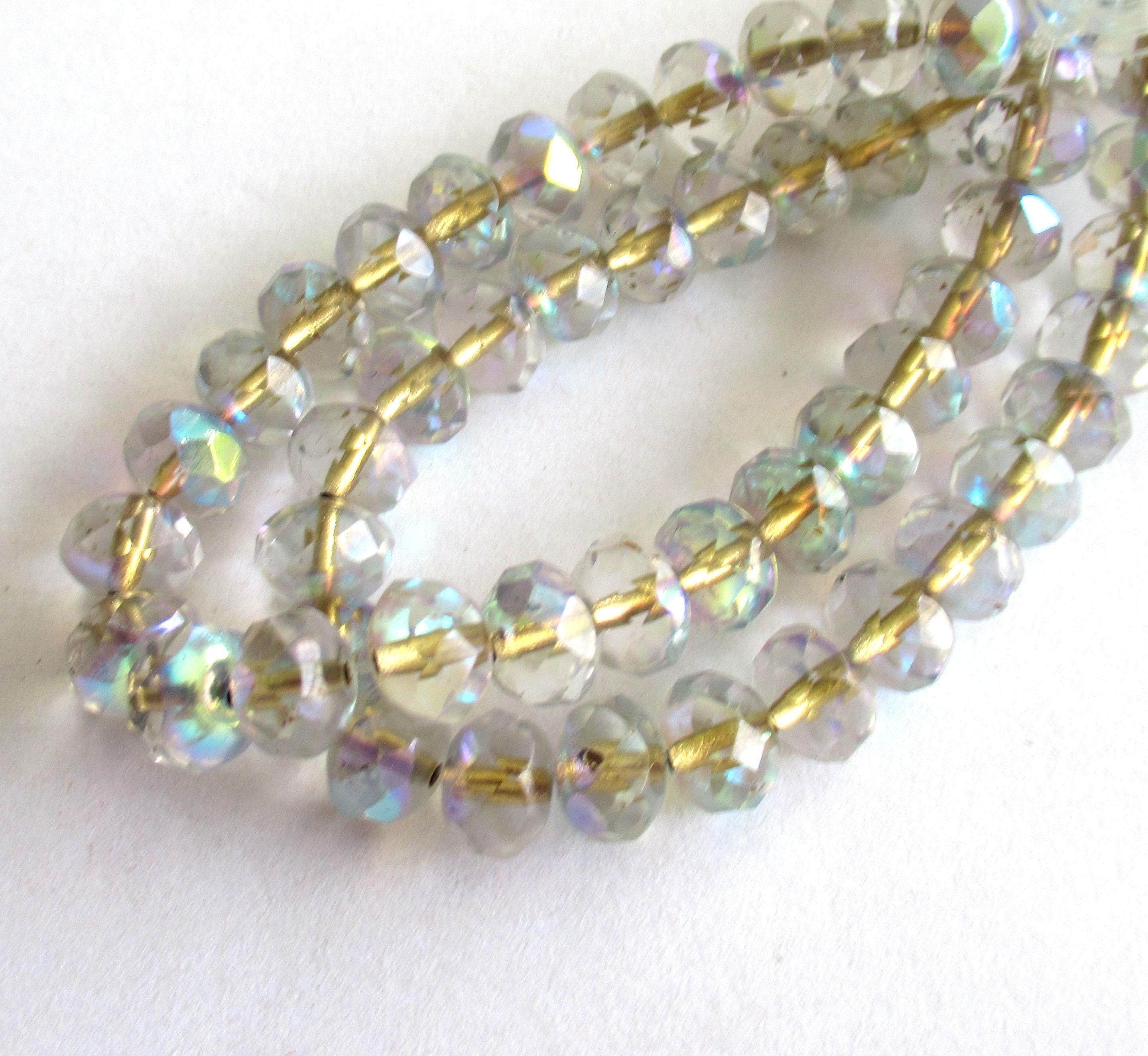 25 Czech glass puffy rondelle beads - 6 x 8mm transparent gold lined crystal clear ab beads - faceted fire polished rondelles 00971