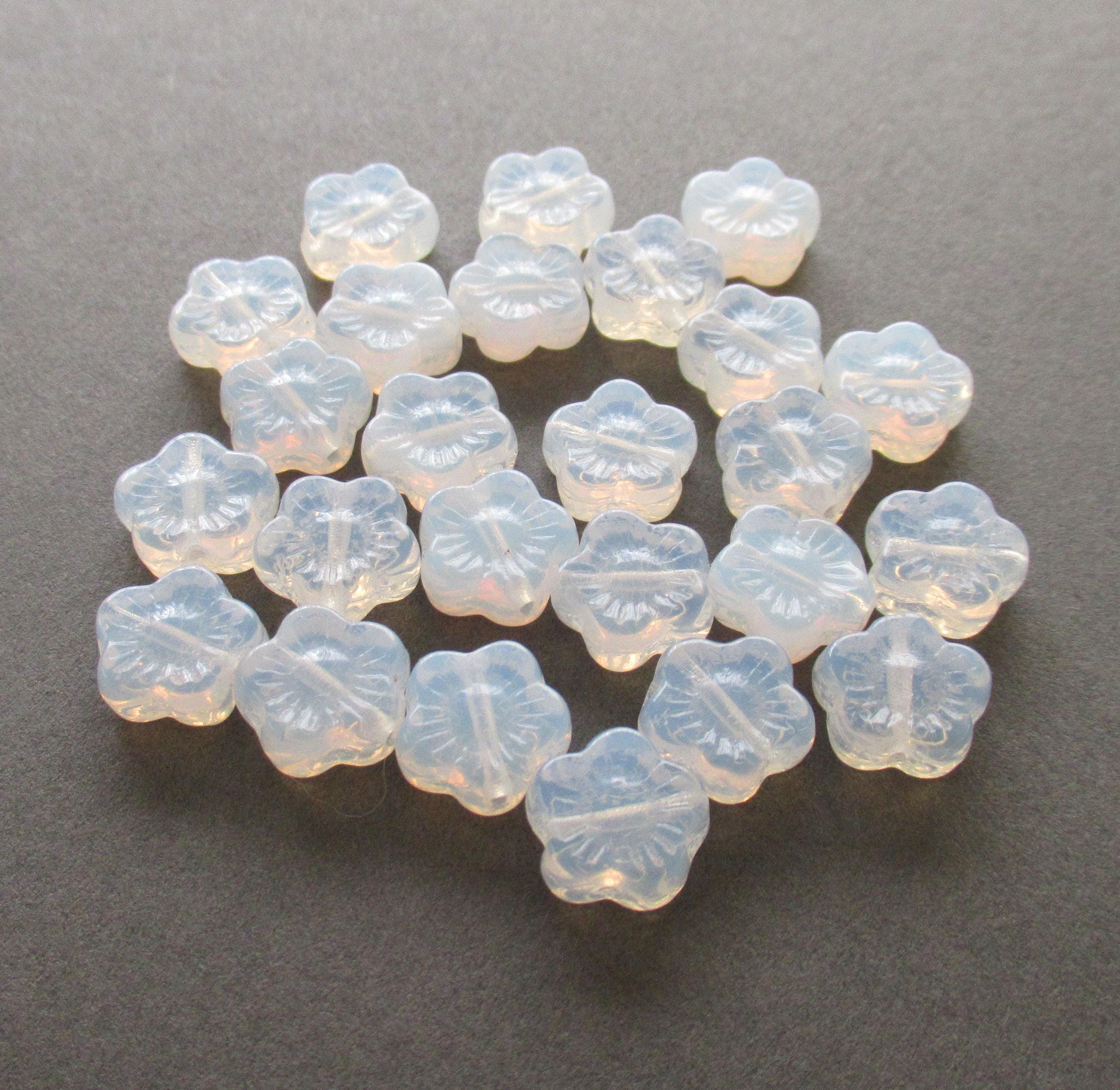 25 10mm Milky White Czech glass flower beads - pressed glass white floral beads - C0066