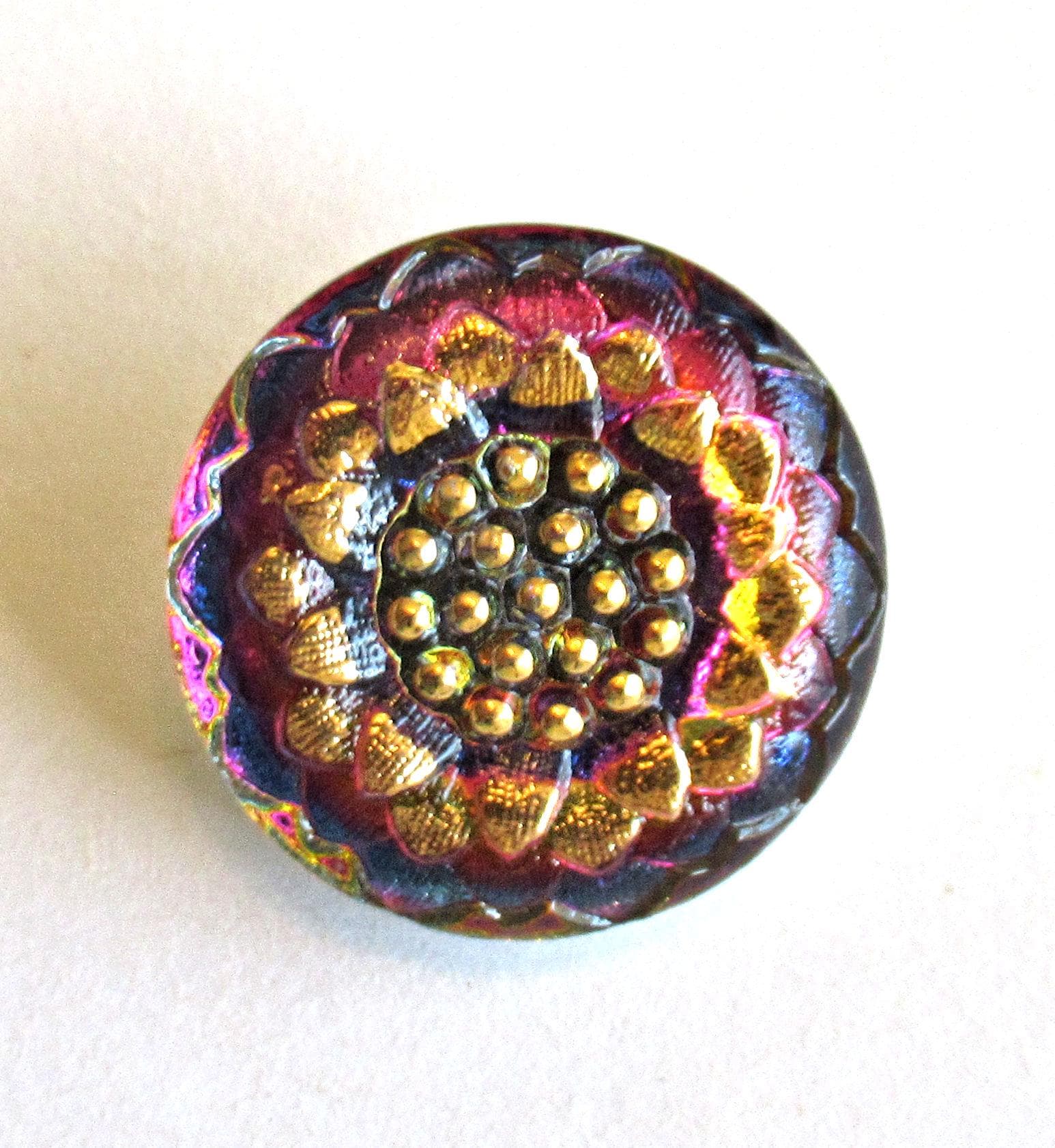 One 22mm Czech glass flower button - iridescent pink and purple with gold accents - decorative floral shank button - 00752