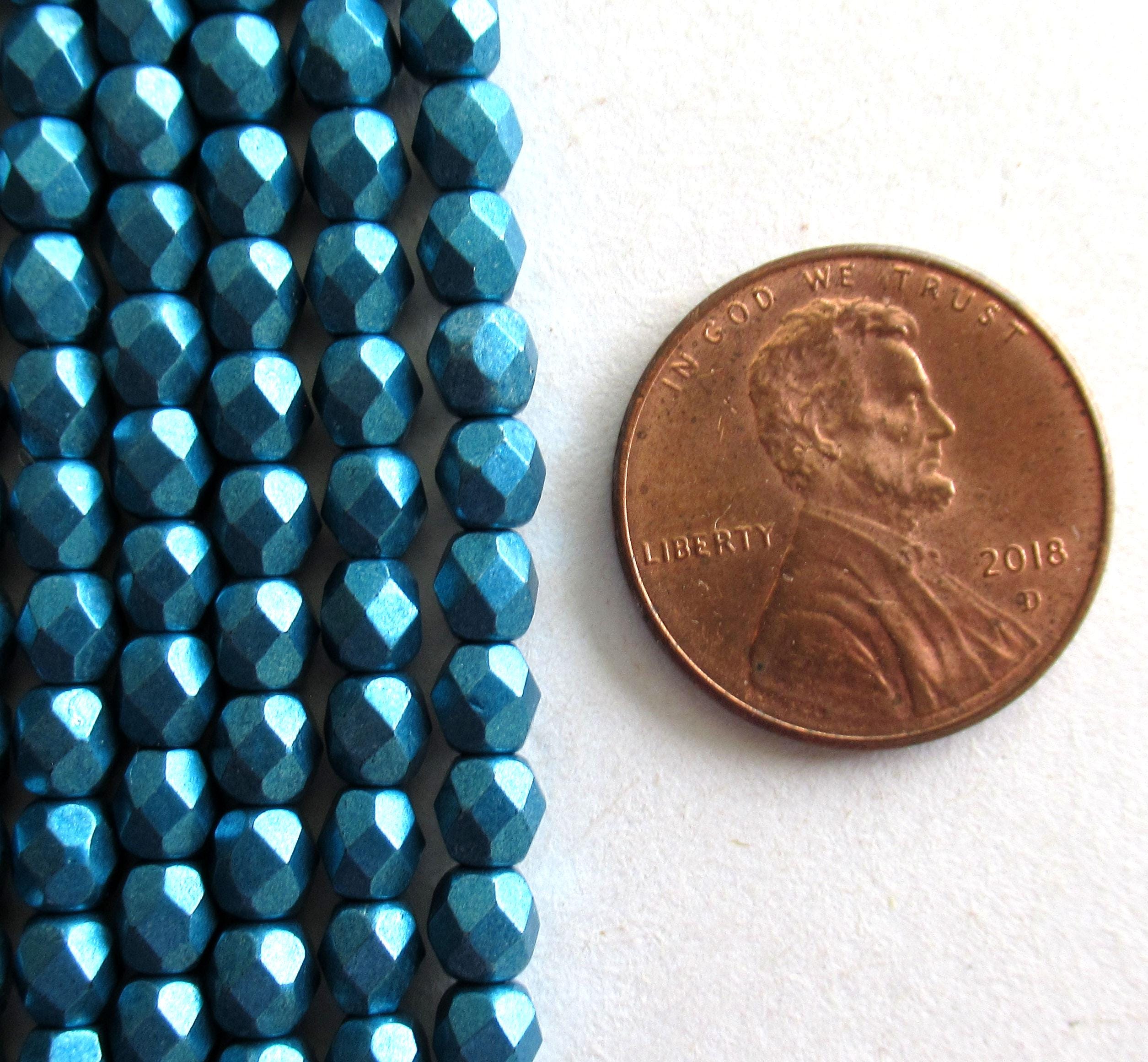 50 4mm Czech faceted round glass beads - saturated metallic shaded spruce blue - fire polished beads - C0084