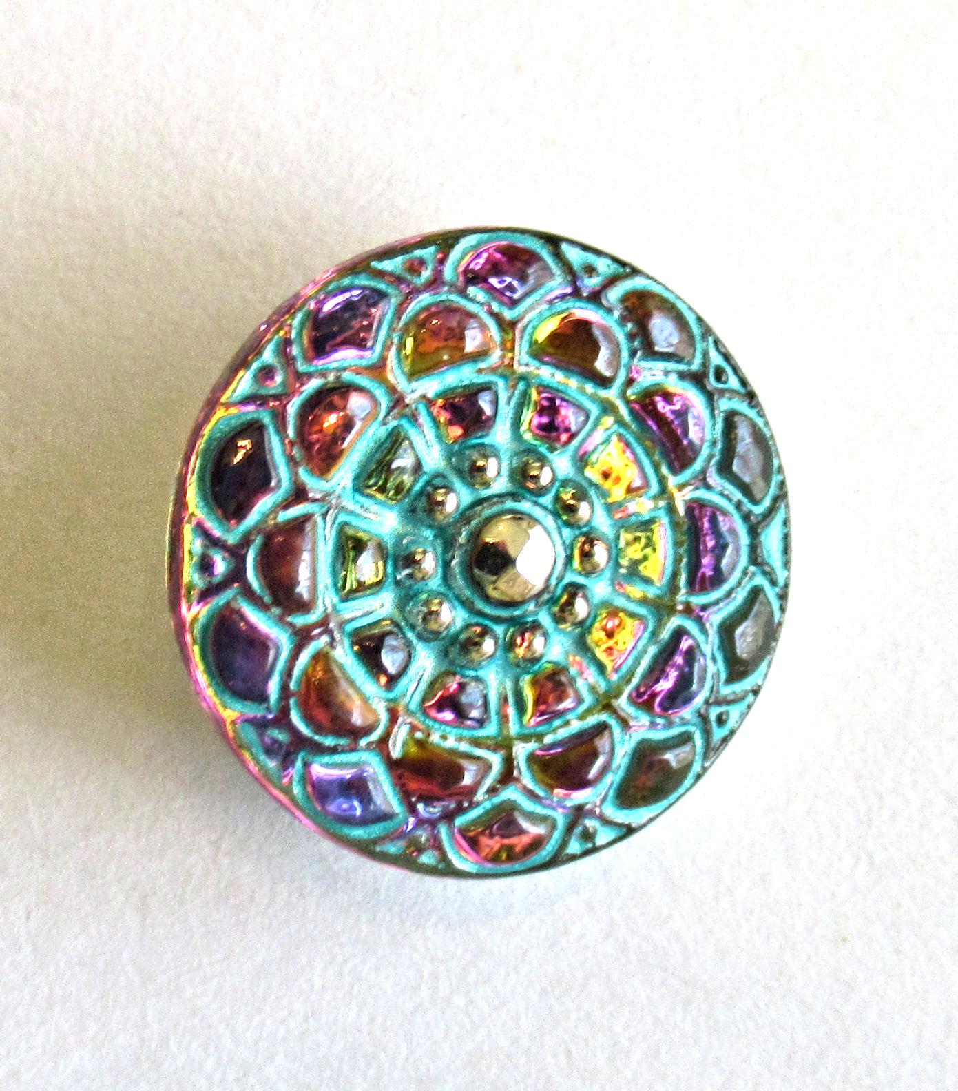 One 18mm Czech glass mandala button - iridescent blue & purple button with a turquoise blue wash - decorative shank button - 00513