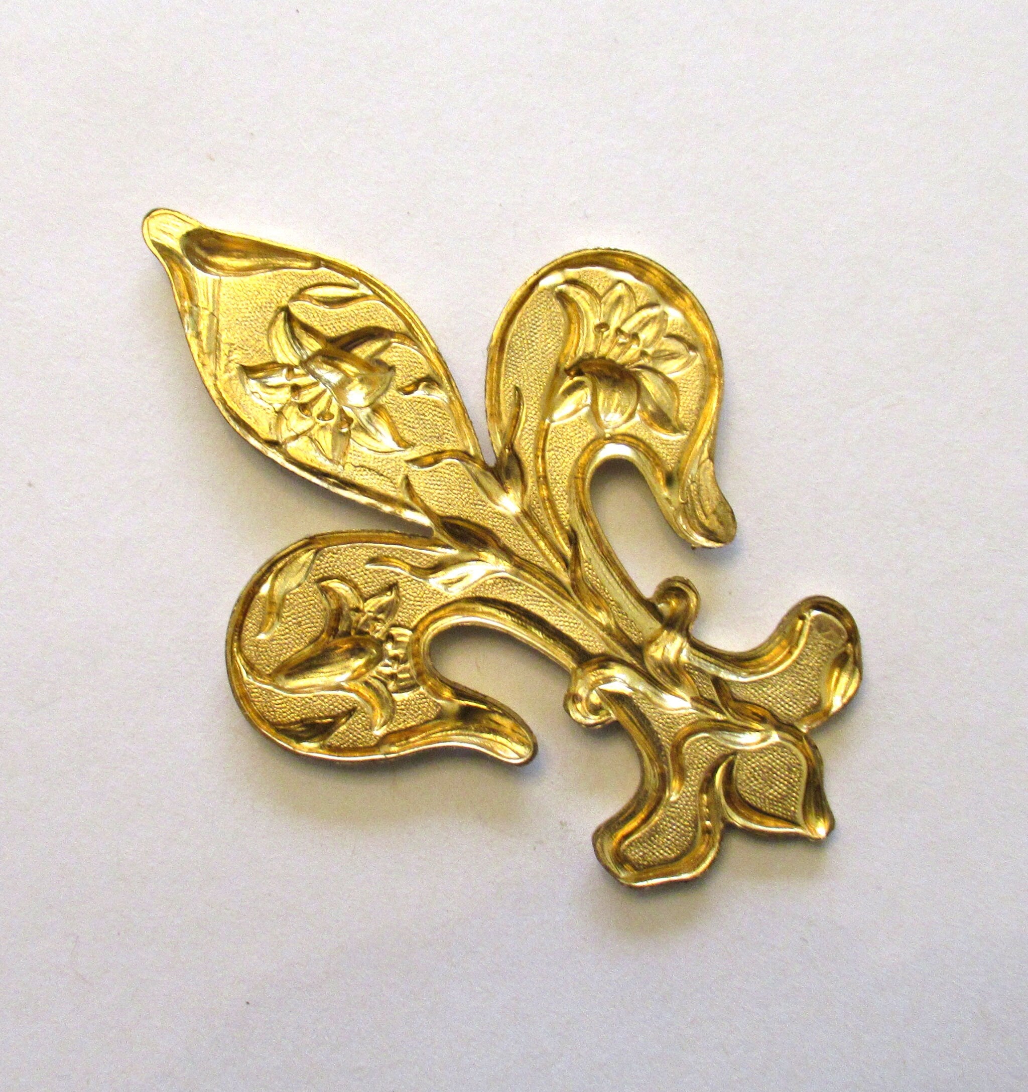 1 large fleur-de-lis raw brass stamping - a large ornate Victorian pendant, ornament, component - 3" X 2" inches - made in the USA C00171