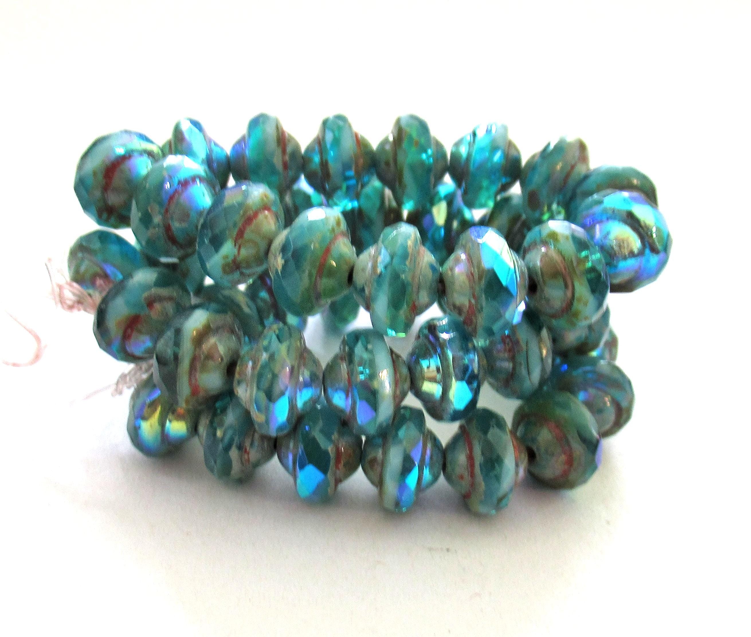 15 Czech glass mini saturn beads - 6 x 8mm opaque & transparent teal blue green ab picasso beads - faceted fire polished saucer beads- 00842