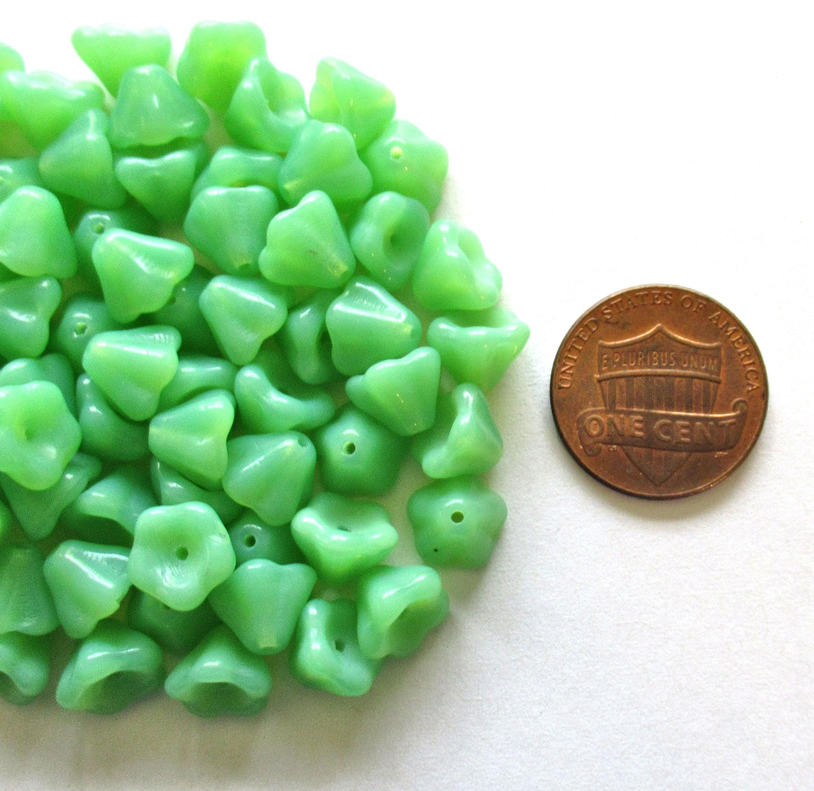 25 Czech glass bell flower beads - jade green opal pressed glass flower beads - 8 x 6mm - C00024