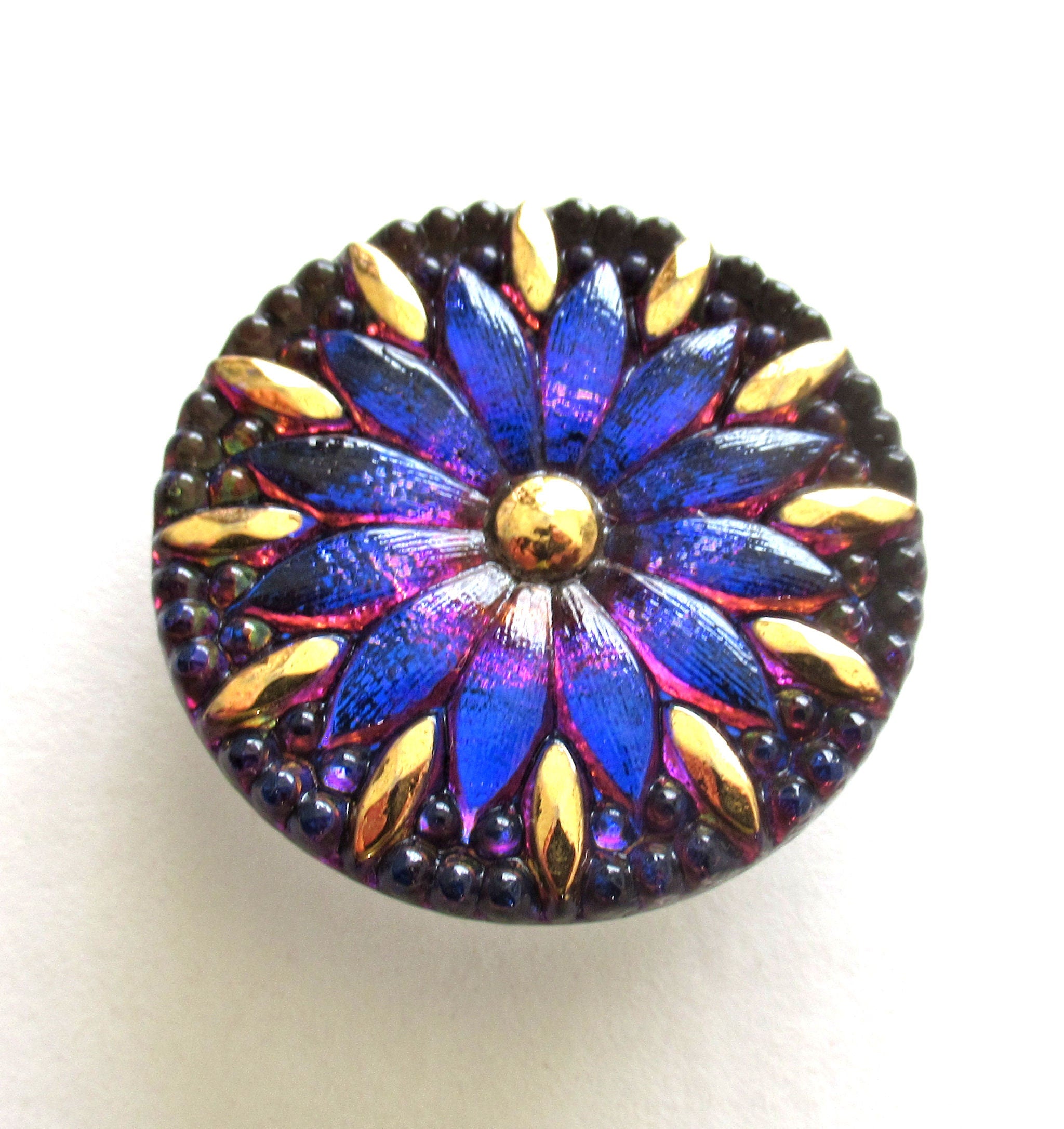 One Czech art glass button - 31mm bright blue violet / pink flower button with gold accents - decorative floral shank buttons C00404