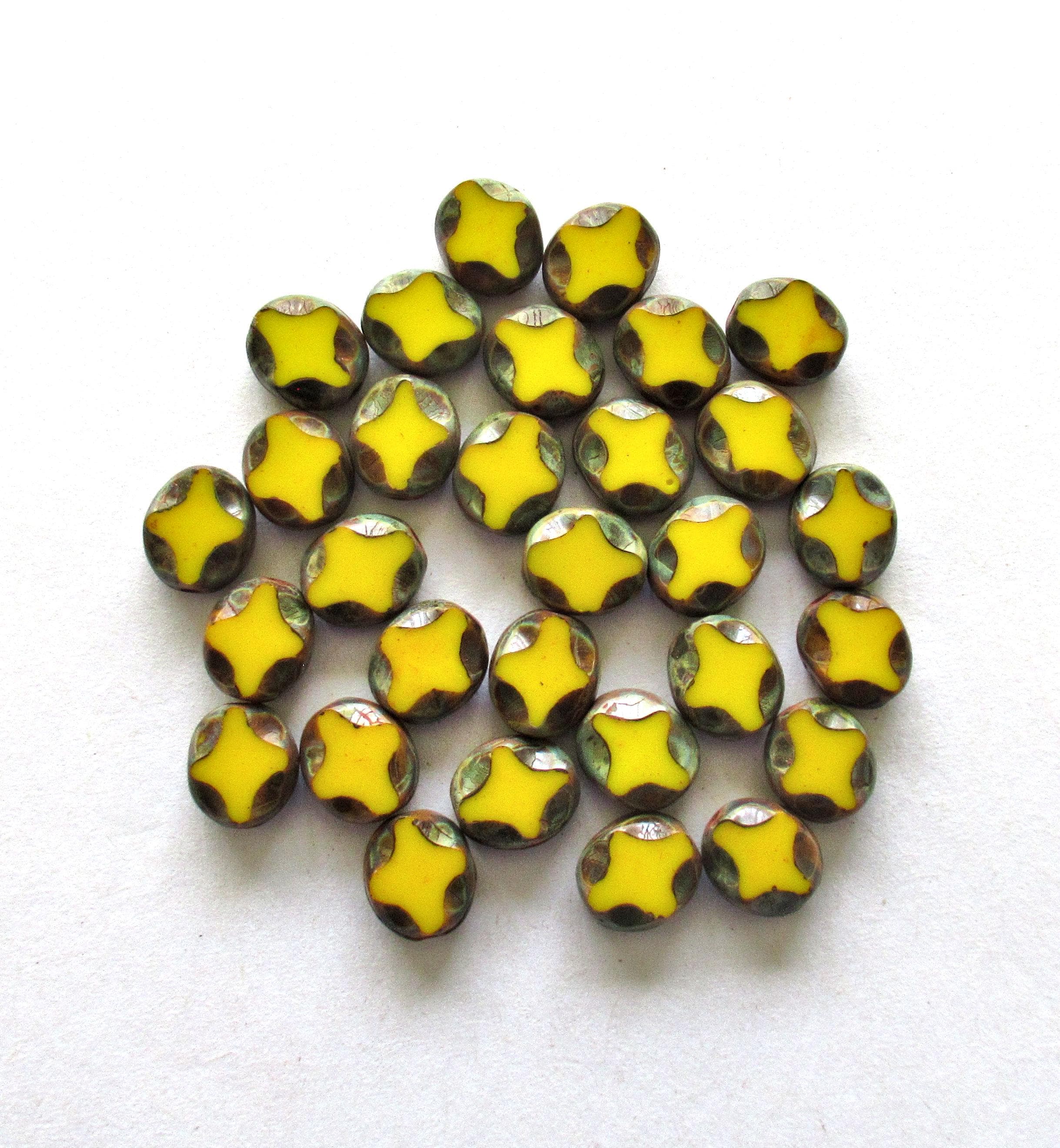 15 Czech glass oval beads - 9 x 8mm - opaque yellow picasso beads - carved table cut beads with a diamond pattern - C0251