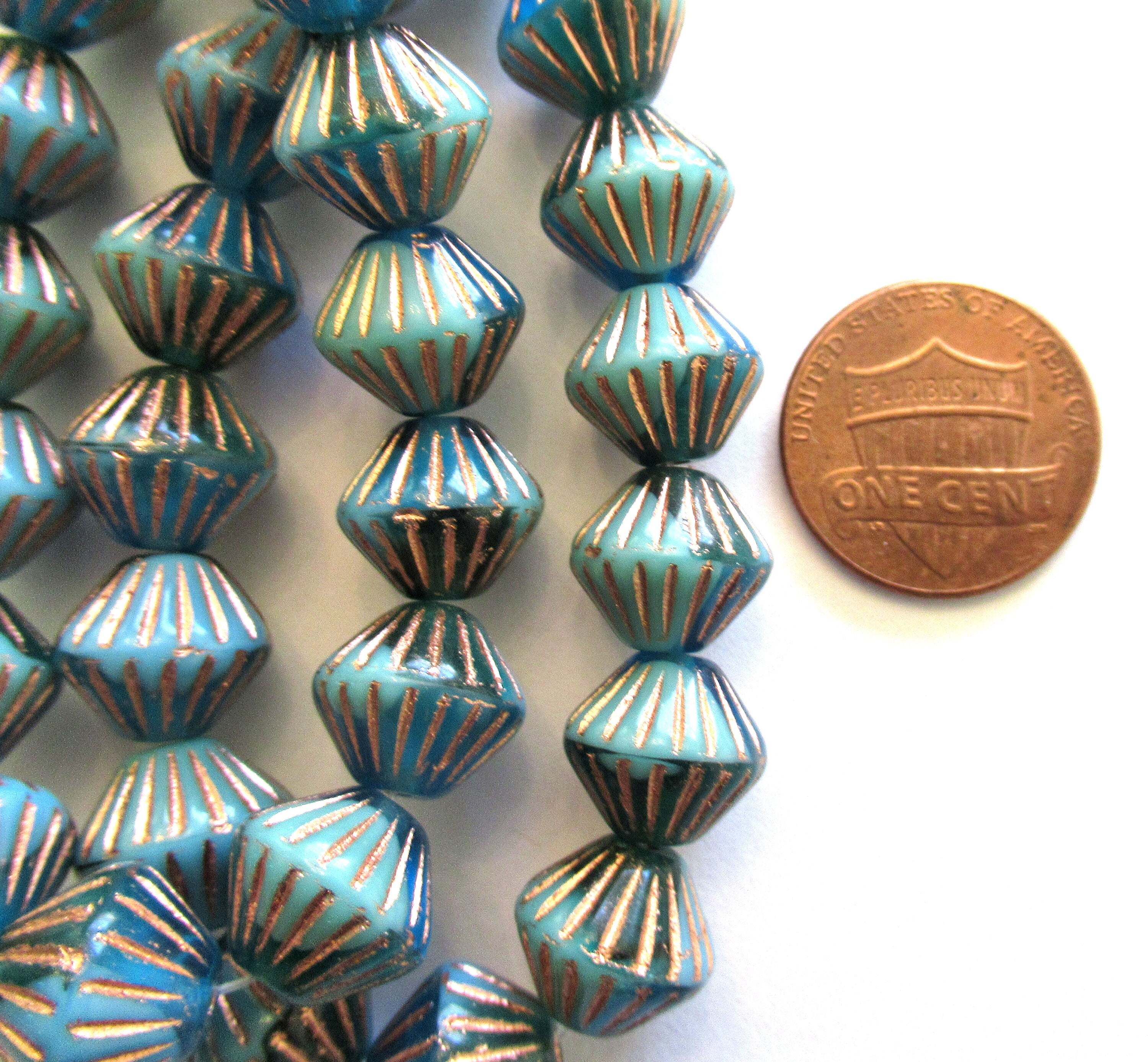 Five 11mm x 10mm chunky rustic Czech glass bicones - opaque and transparent blue & green w/ bronze accents carved bicone beads- C0045