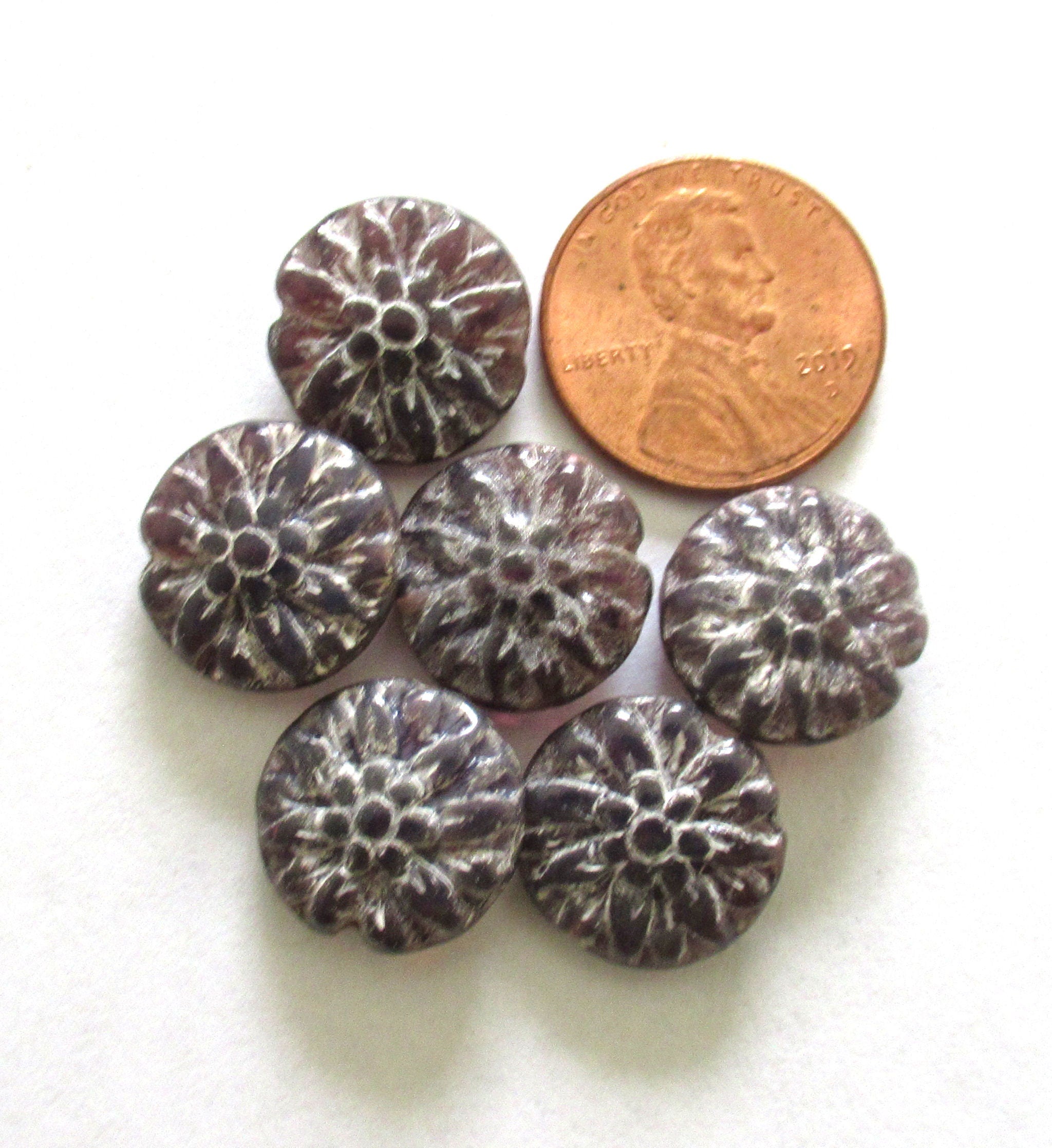 Five Czech glass Dahlia flower beads - 14mm translucent amethyst floral coin beads with silver accents - C0056