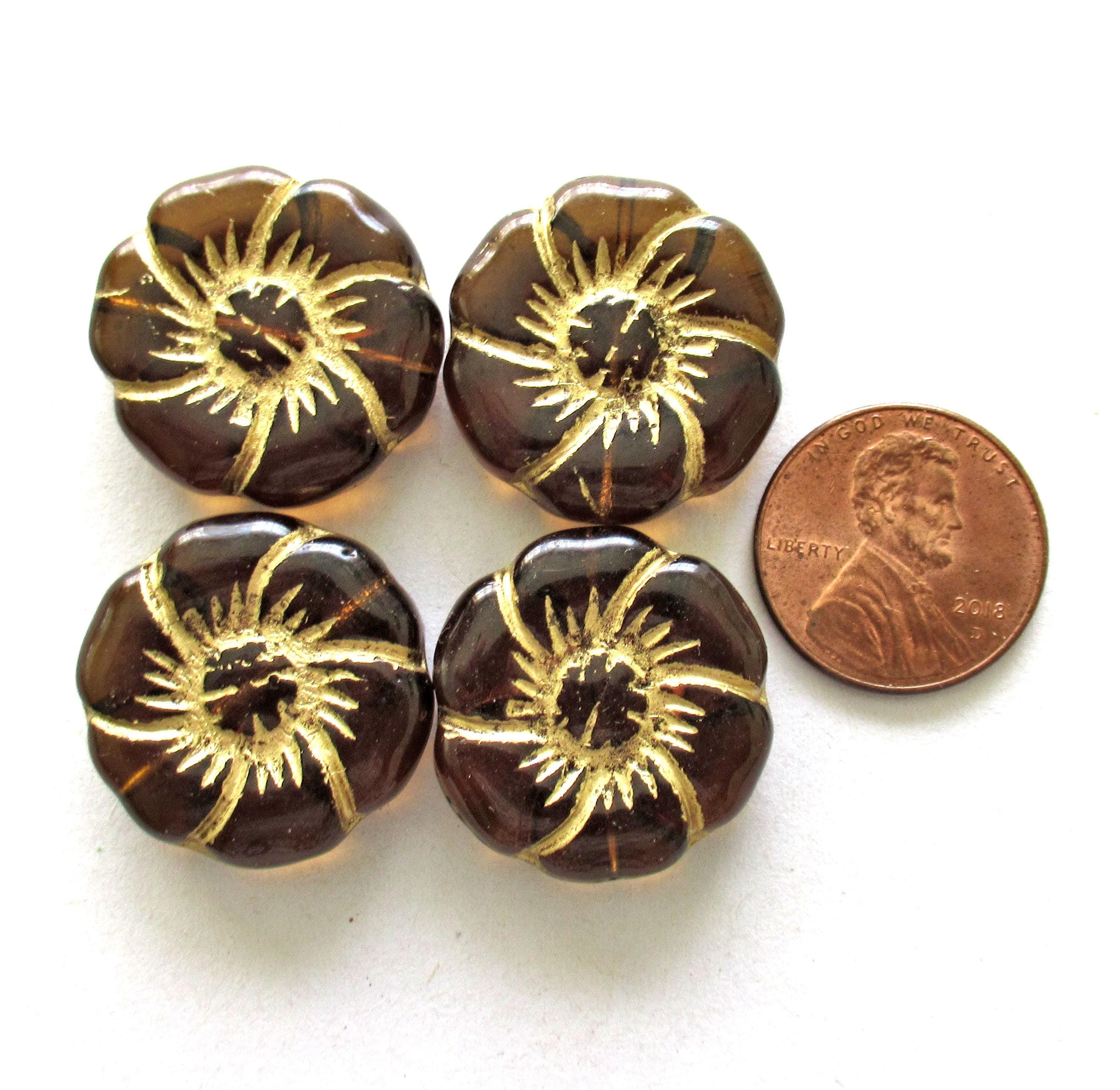 Two large 22mm Czech glass flower beads - transparent smoky topaz brown beads with gold accents - pressed focal or statement beads - 00011
