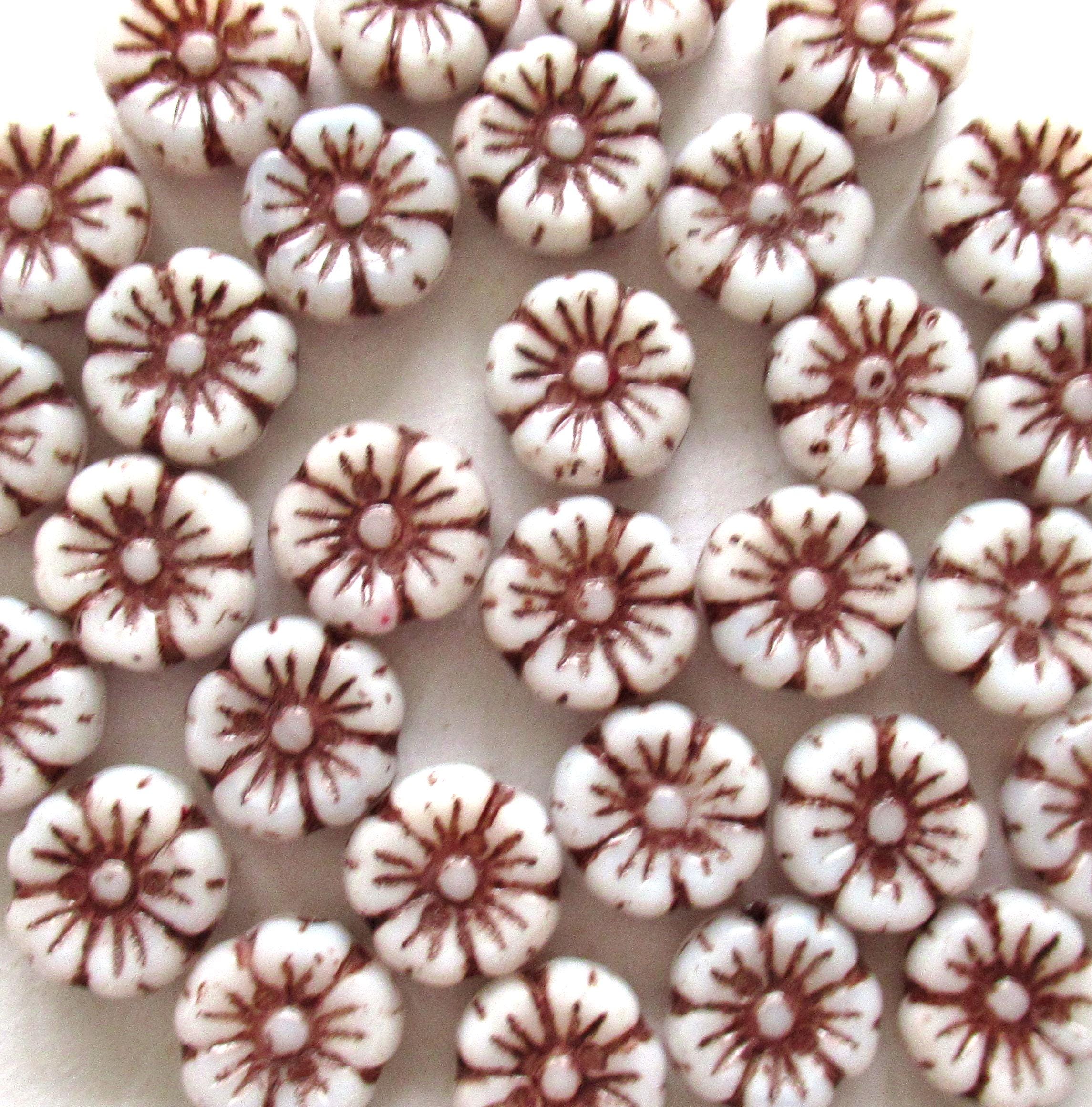 Fifteen Czech glass flower beads - 10mm - opaque white beads with a brown wash - Hawaiian hibiscus flower beads C00121
