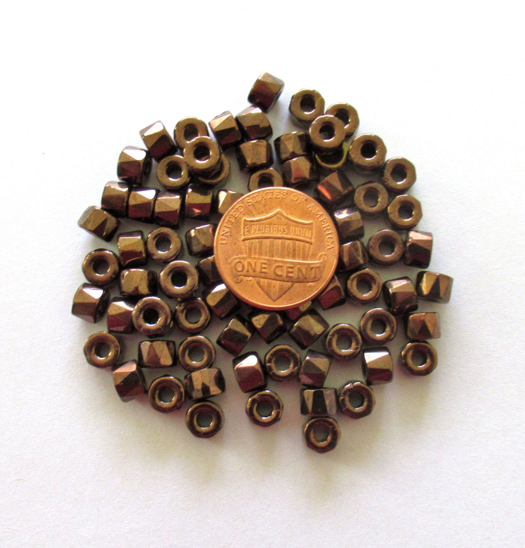 50 6mm Czech glass pony beads - bronze crow, roller beads - large hole brown faceted fire polished beads, C00422
