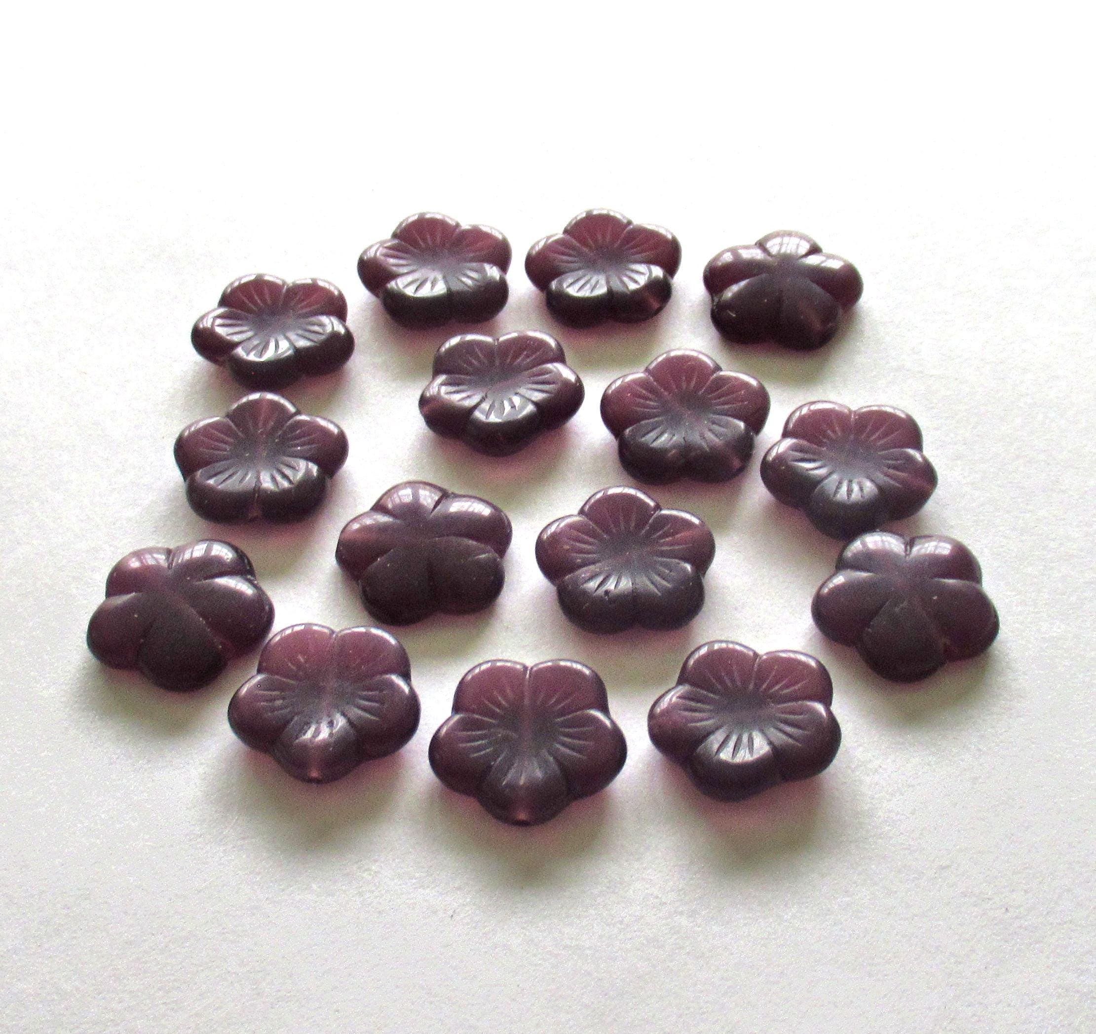 Ten 14mm Czech glass flower beads - milky amethyst purple opal - pressed glass floral beads - C0221