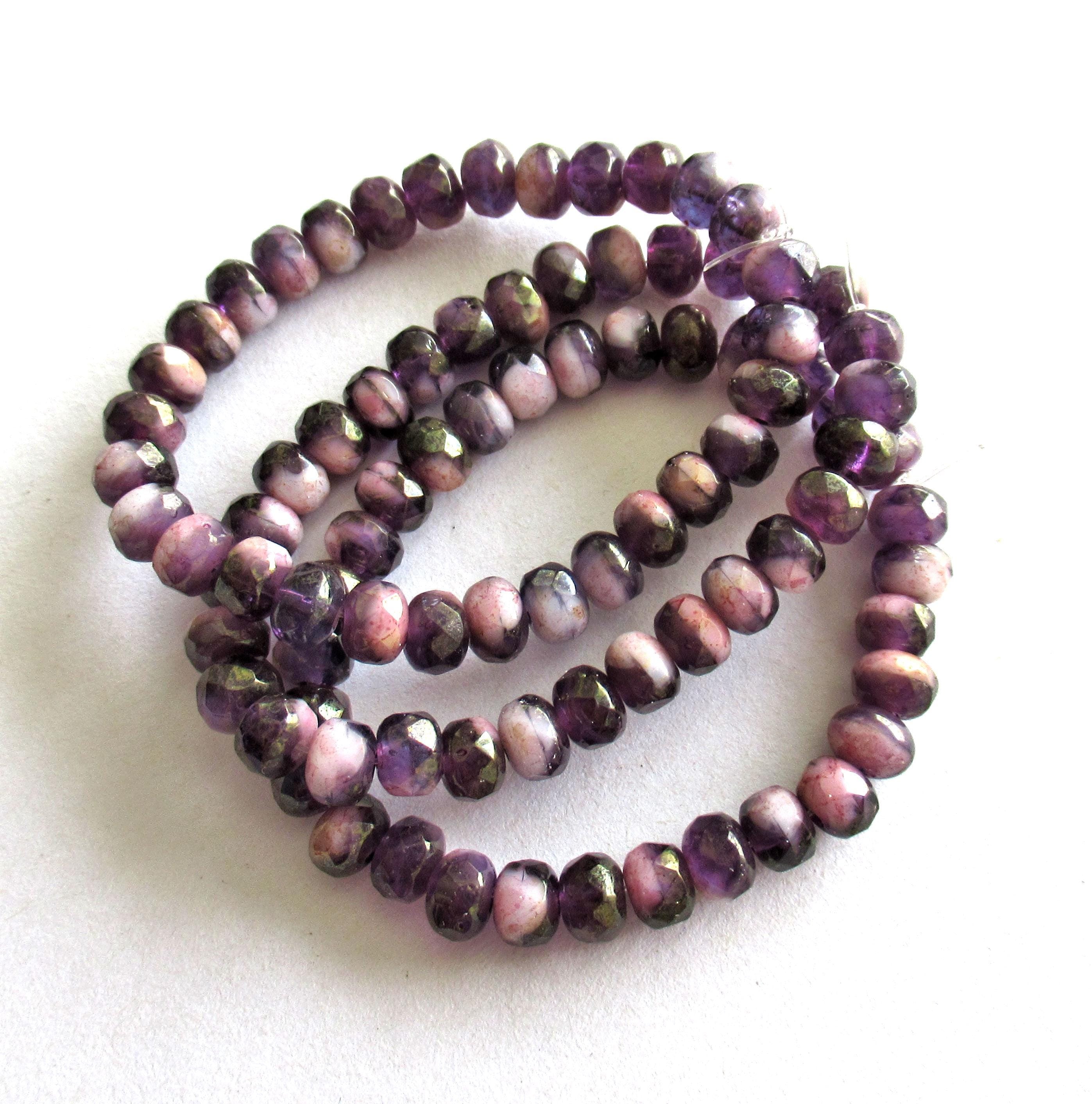 30 small Czech glass puffy rondelle beads - 3 x 5mm - tanzanite & pink luster color mix - faceted fire polished rondelles - 00011