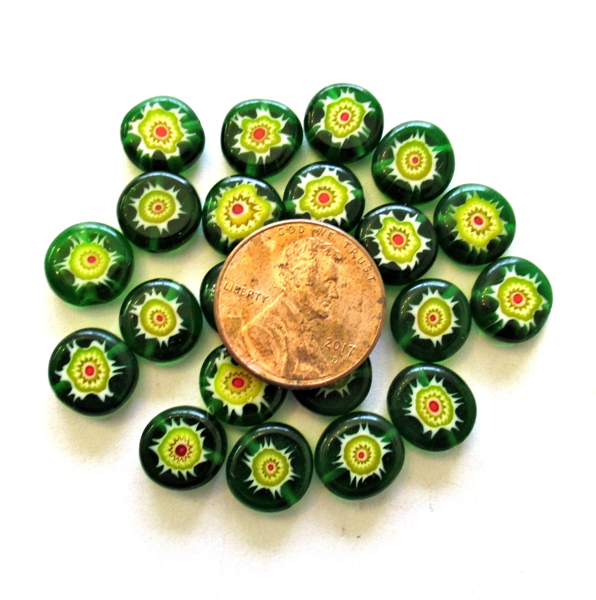 Ten 10mm cane or millefiori glass beads - green yellow and red color mix coin or disc beads - C0006