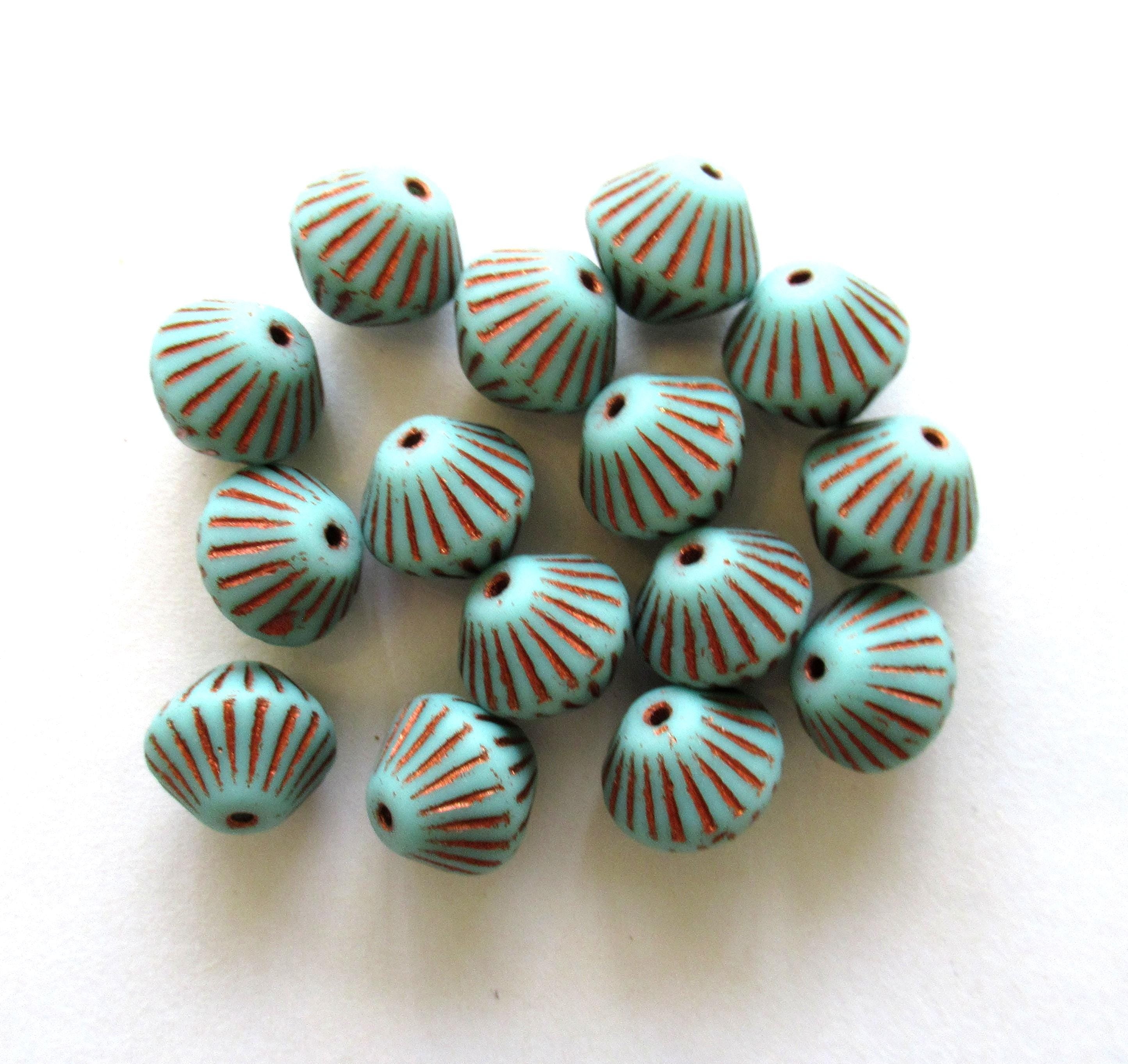 Five 11mm x 10mm chunky rustic Czech glass bicones - Tiffany green w/ copper accents carved bicone beads- C0046