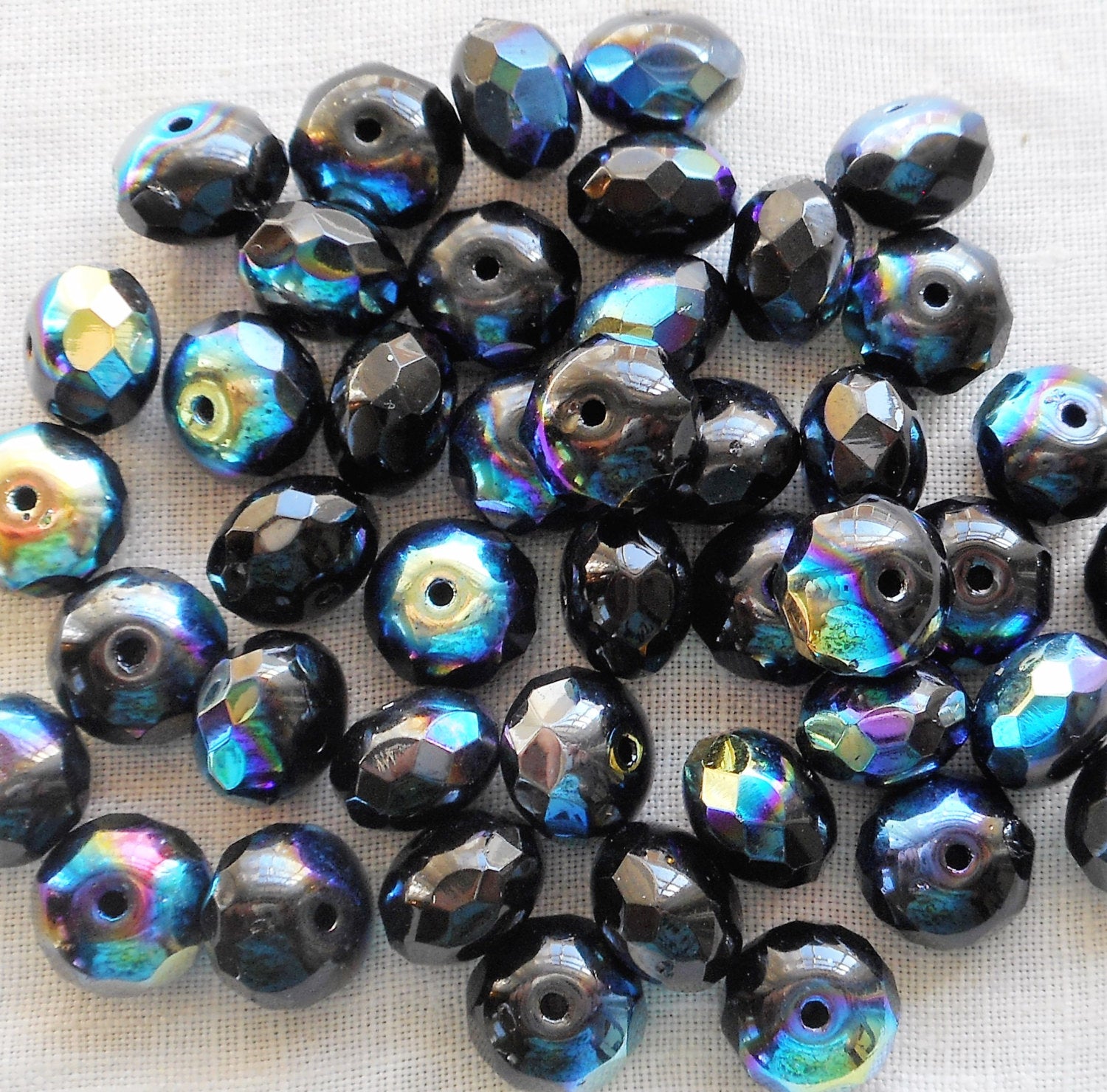 25 9 x 6mm Jet black AB faceted puffy rondelles Czech glass beads 7725