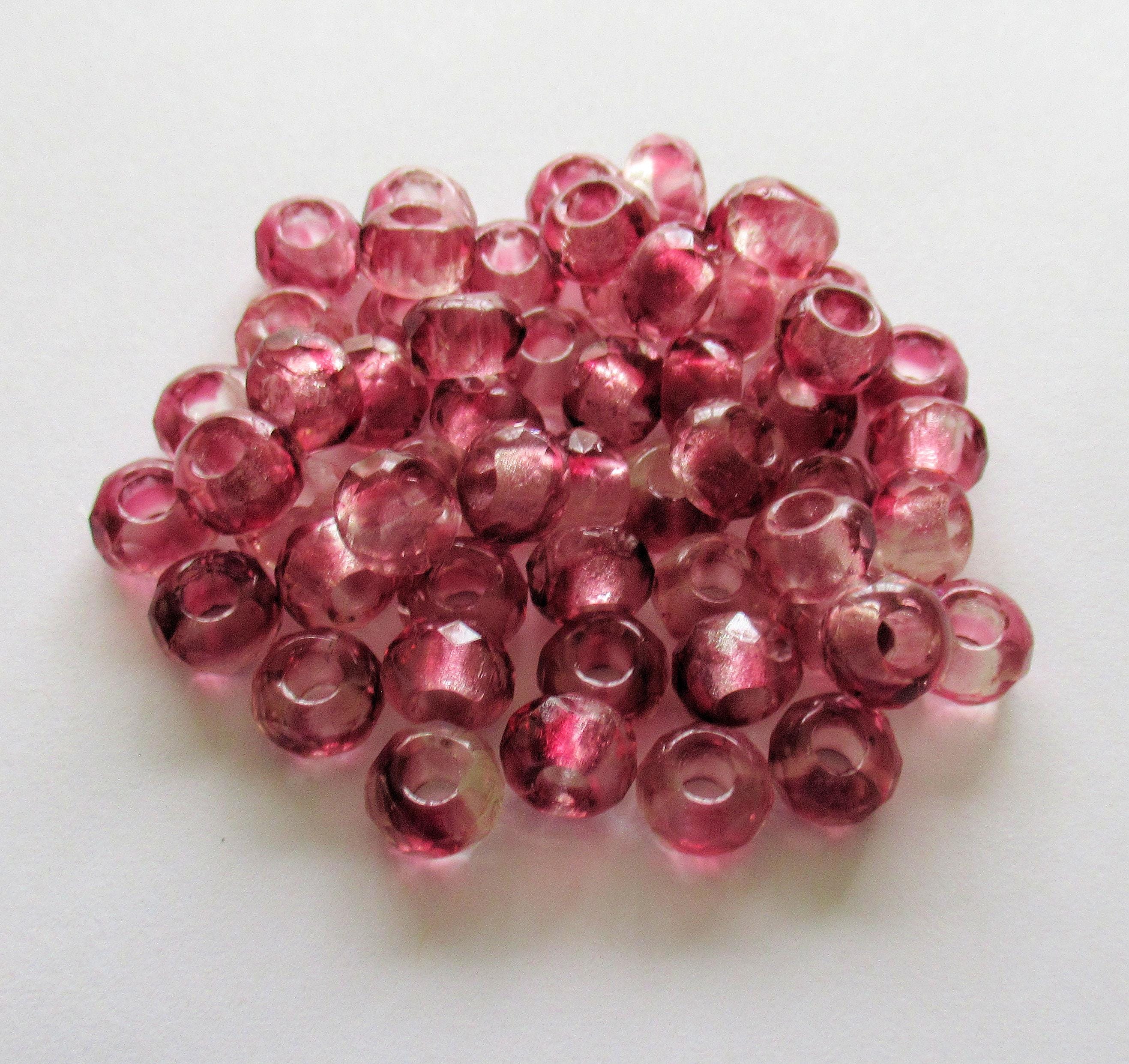 Ten Czech glass faceted roller beads - 9mm x 6mm - pink and crystal clear marbled tyre beads - big 3.38mm hole beads - C1901