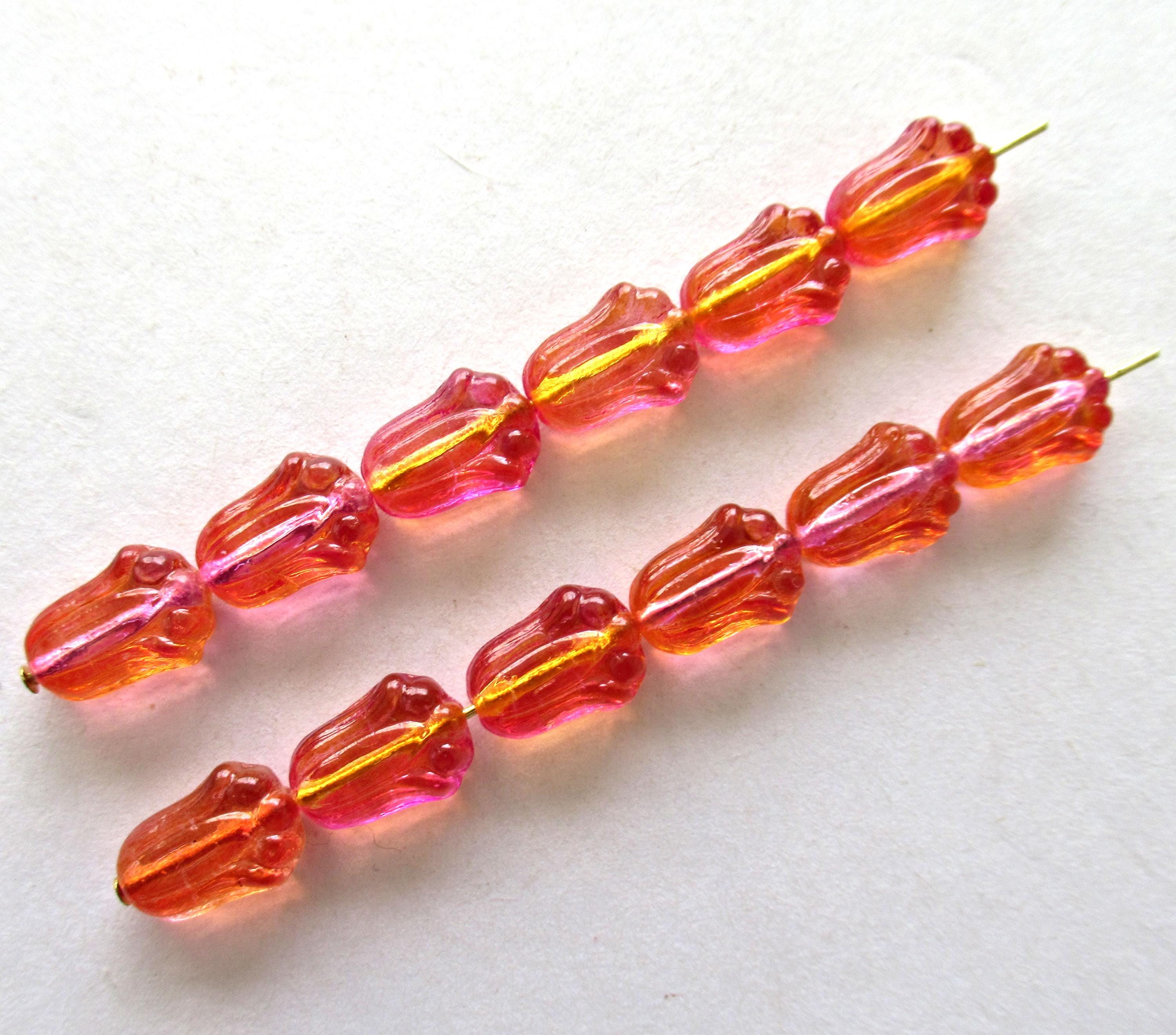 25 Czech glass tulip flower beads - fuchsia & lemon - orange - 12 x 8mm - pressed glass beads - C00089