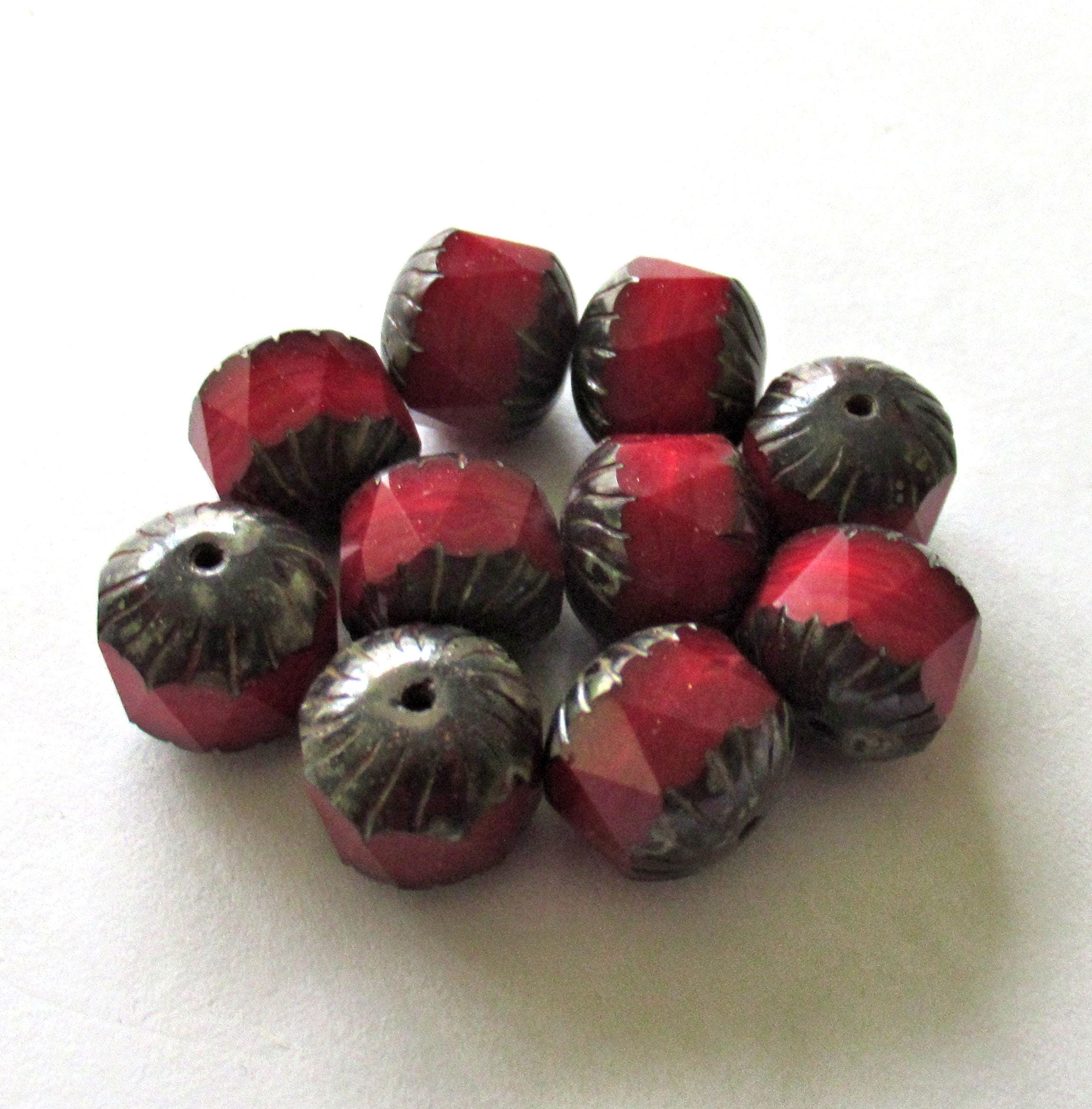 Ten large Czech glass center faceted carved cruller beads - 10mm - round light garnet red silk cathedral beads with picasso accents - 00005