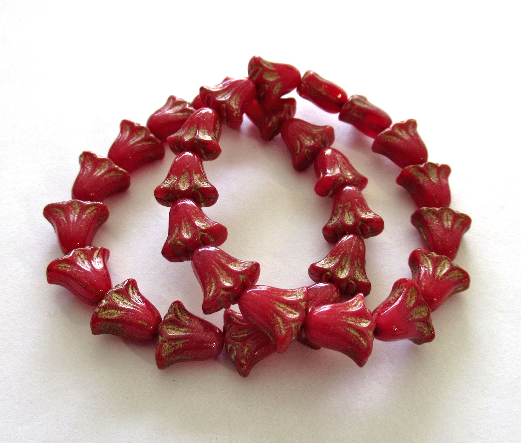 15 Czech glass flower beads - 9 x 10mm translucent red opal with a gold wash - lily flower beads C00161