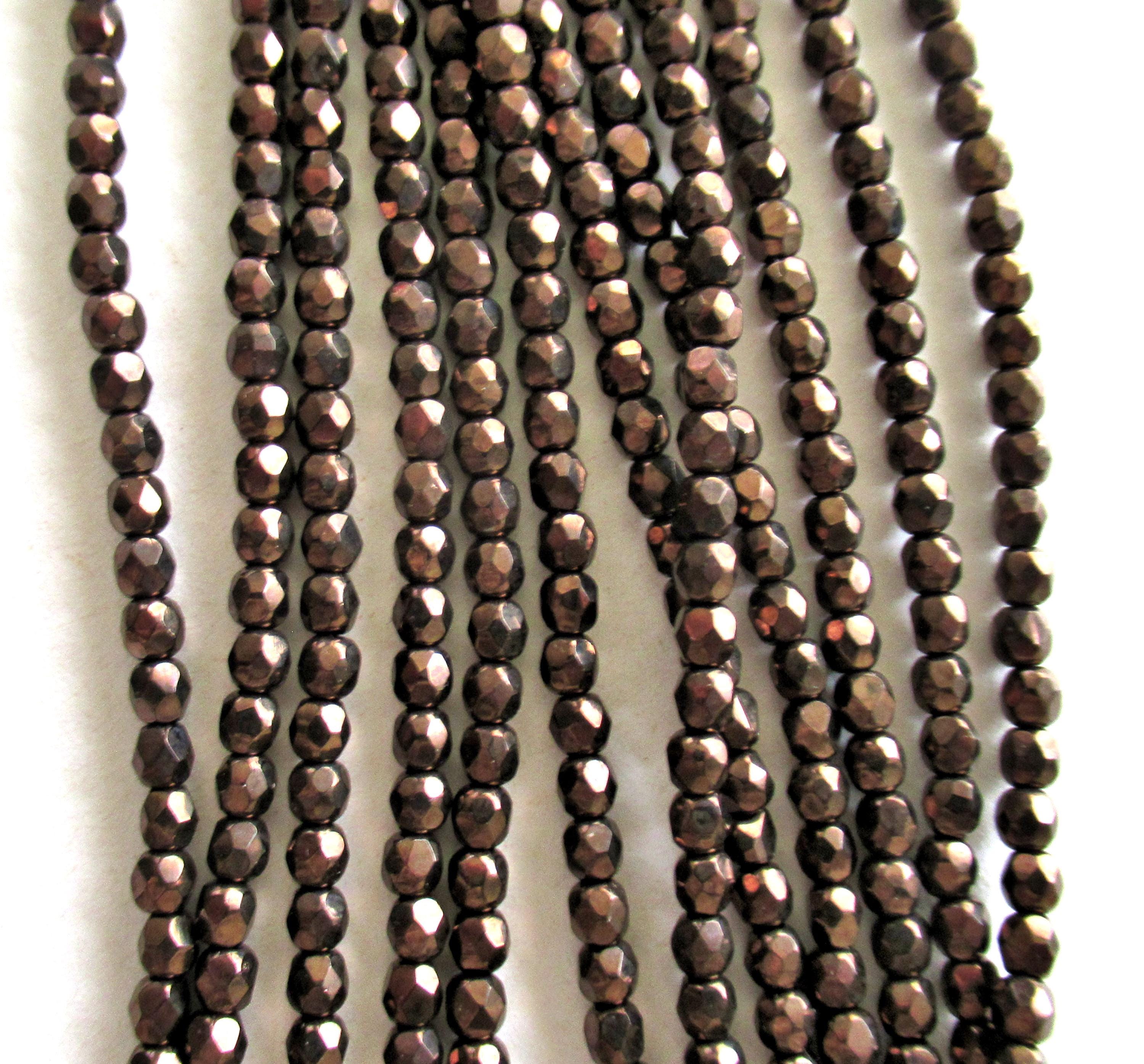 50 3mm Czech glass beads - metallic dark bronze - fire polished faceted round brown beads - C0035