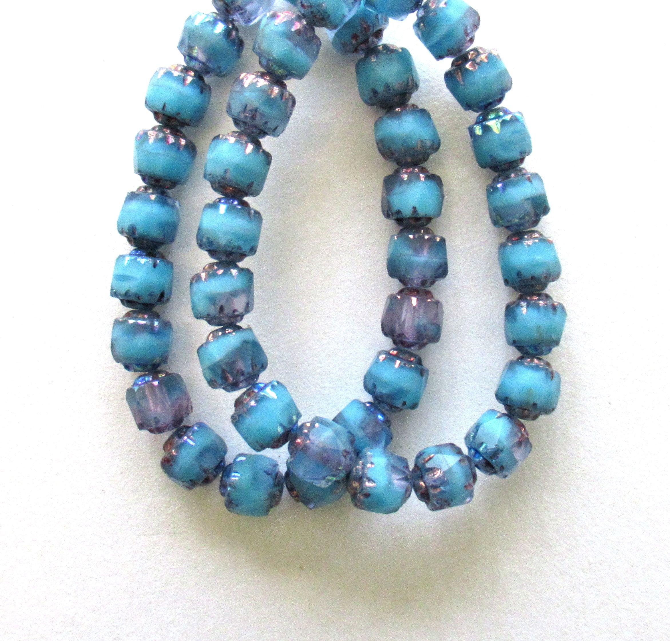 20 6mm Czech glass cathedral beads - blue w/ purple bronze picasso accents - faceted fire polished antique cut beads C00571