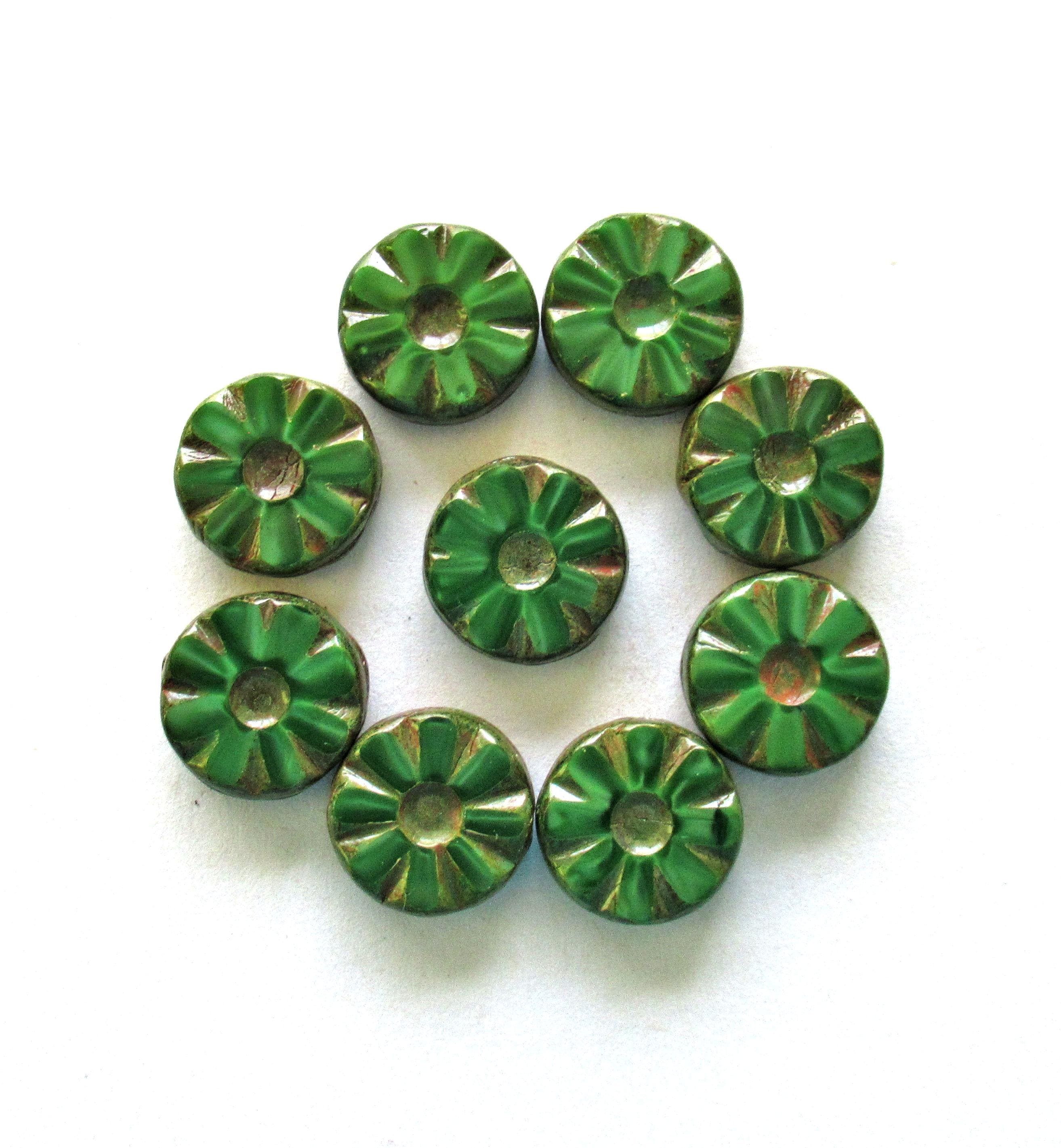 Czech glass flower, wheel or coin beads - green silk picasso beads - table cut carved daisy beads - 12mm - 10 beads - C00771