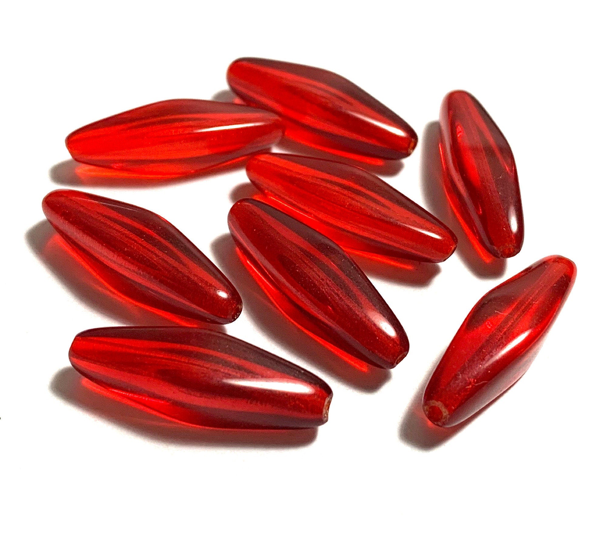 Lot of ten Czech glass lantern beads - 24 x 9mm siam red long lantern or tube beads C0028