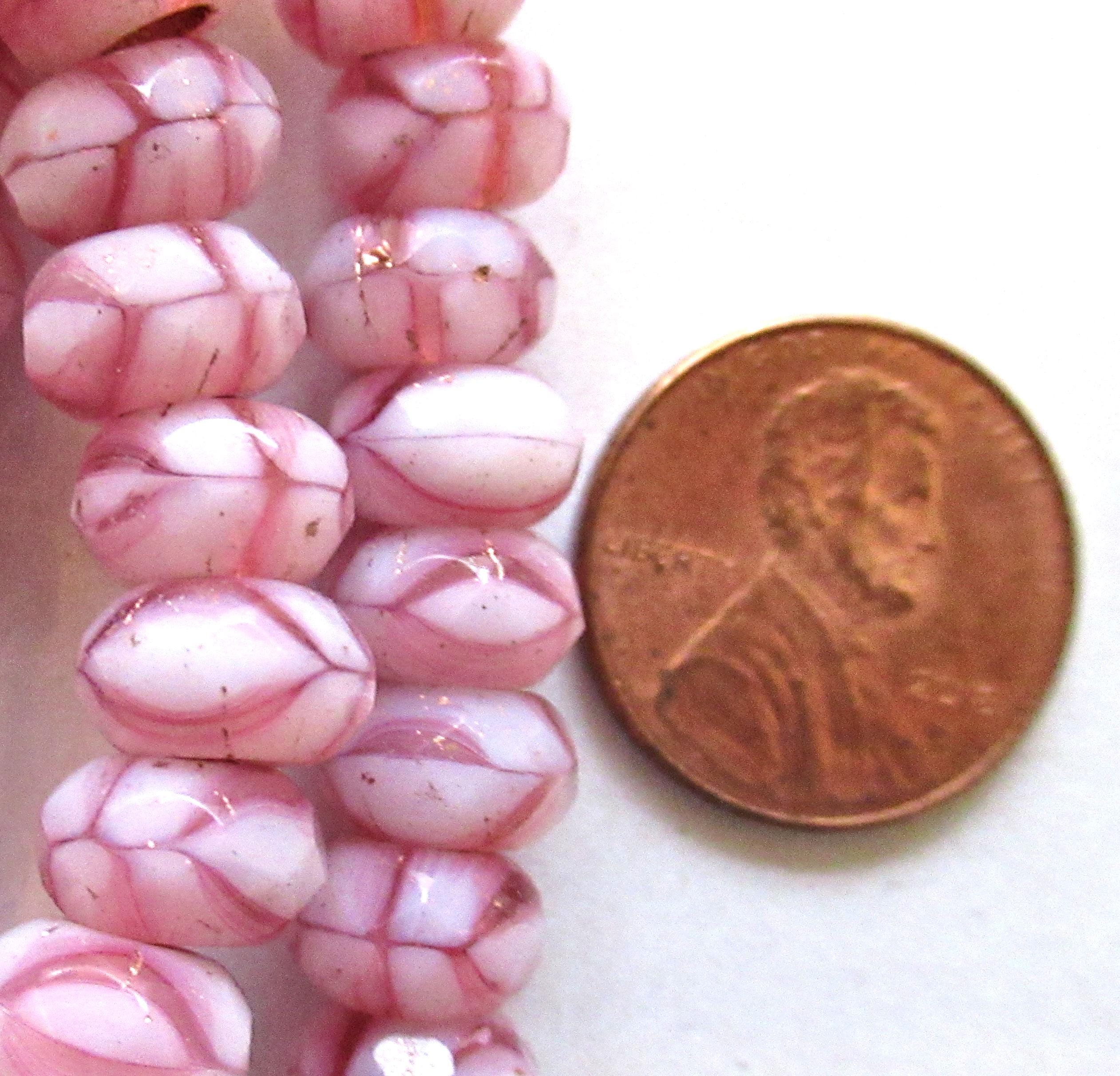 Ten Czech glass faceted roller beads - 6 x 9mm opaque & transparent pink and white marbled striped tyre beads - big 3mm hole beads C00541