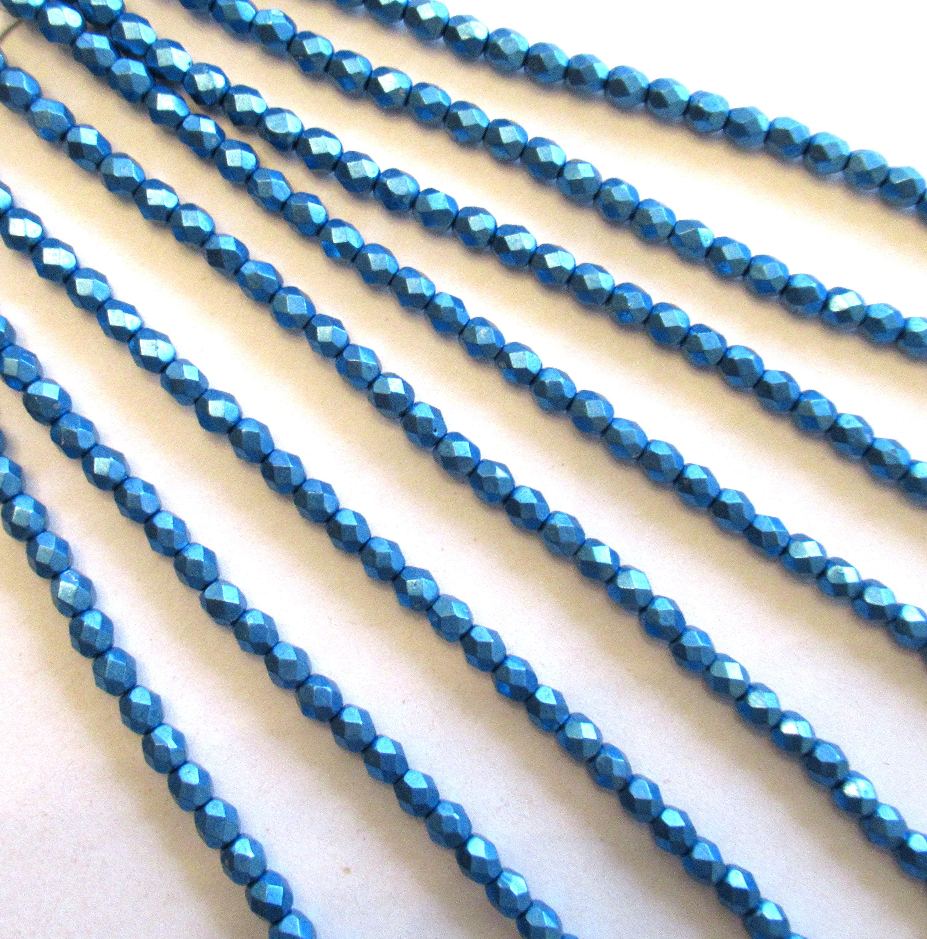 50 4mm Czech glass blue beads - saturated metallic nebulas blue - faceted fire polished round beads - C0084