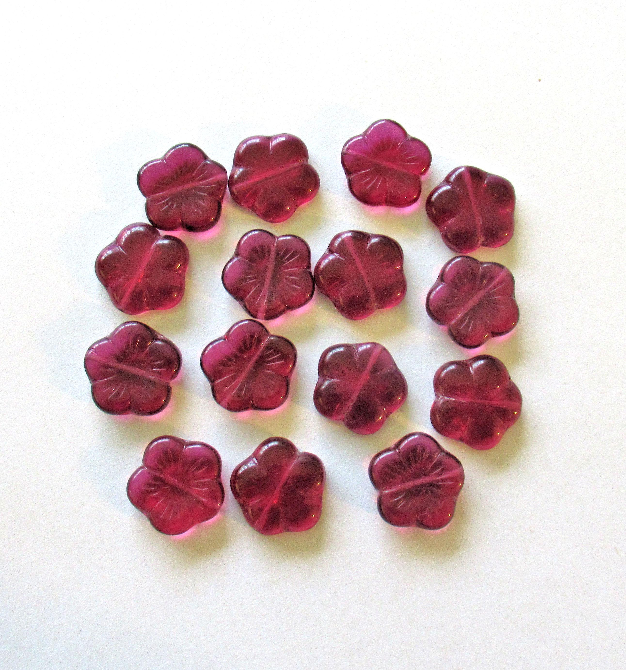 Ten 14mm Czech glass flower beads - transparent fuchsia pink - pressed glass floral beads - C0881