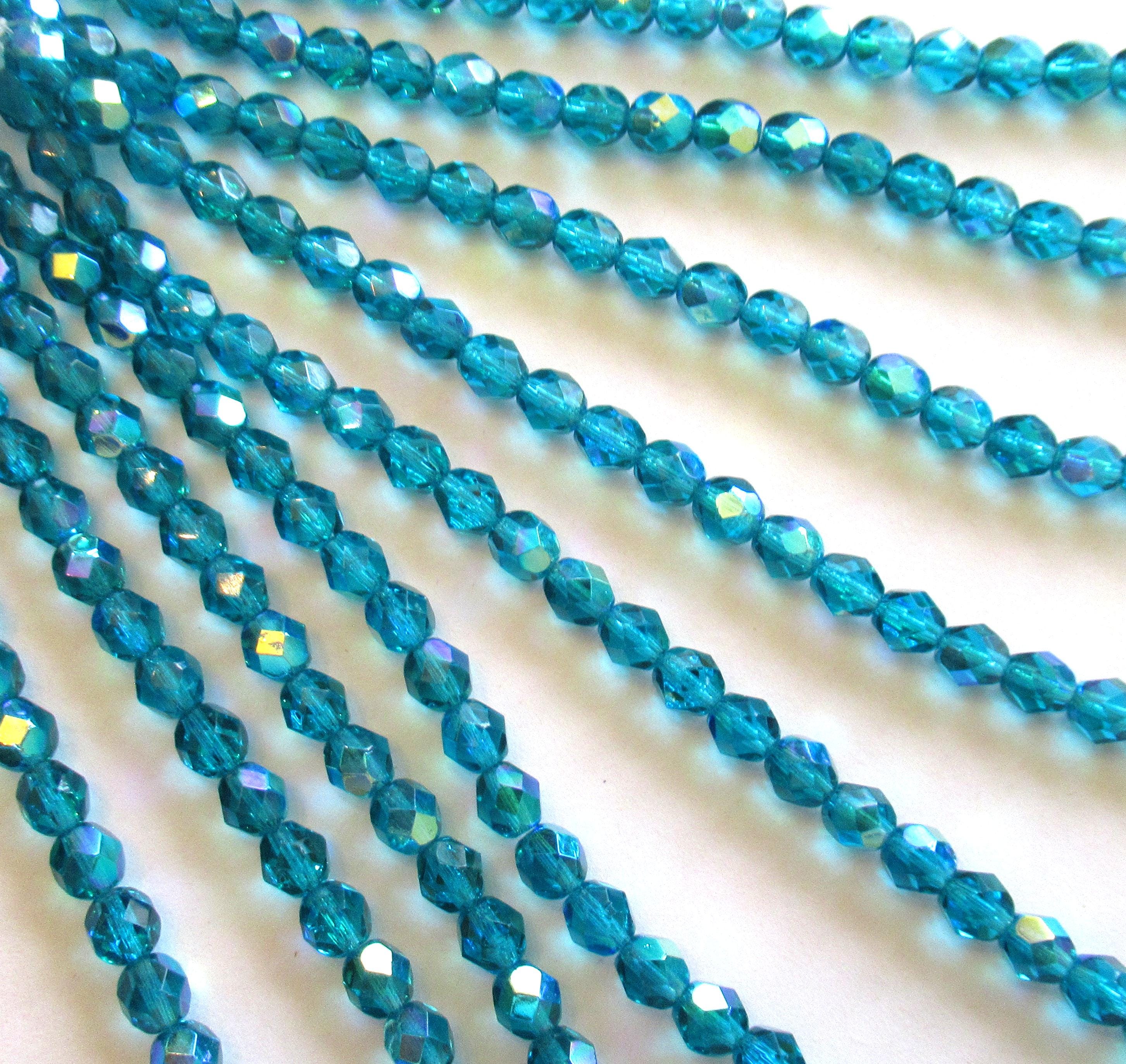 Lot of 25 Czech glass round beads - teal blue green zircon ab beads - 6mm - fire polished, faceted beads - C0036
