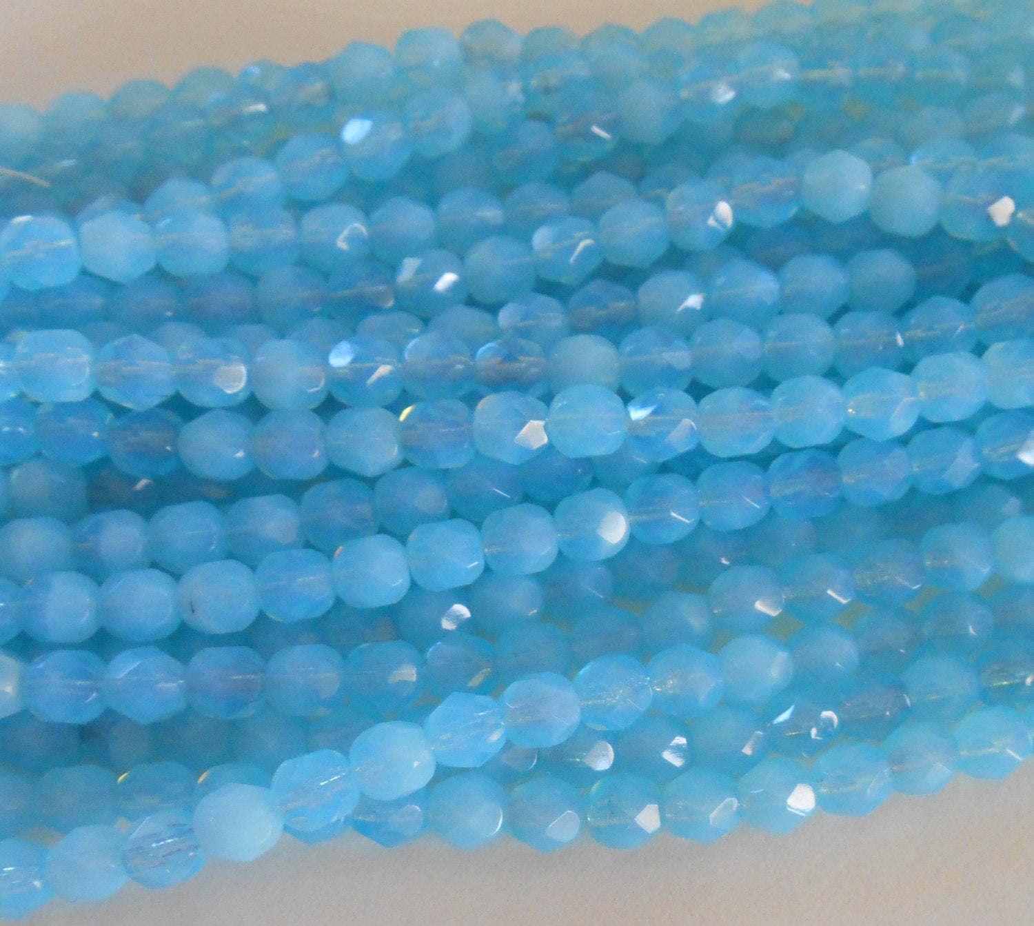 25 6mm Milky Aquamarine Czech glass beads, aqua blue fire polished, faceted round beads, C6425