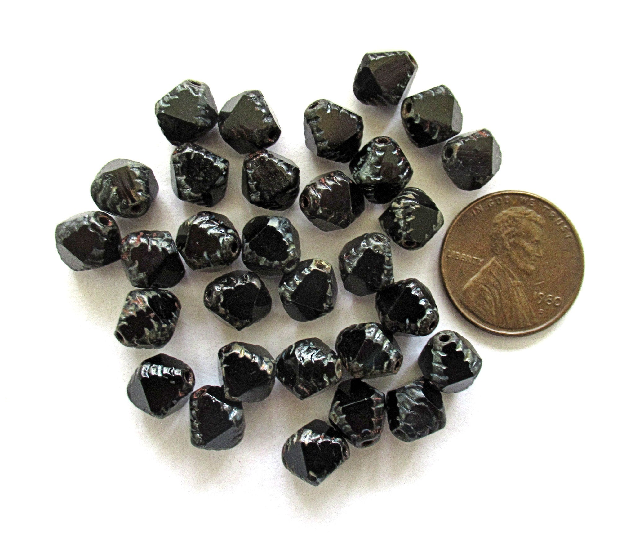 Fifteen Czech glass bicones - 8 x 10mm jet black picasso carved notched bicone beads - C00601
