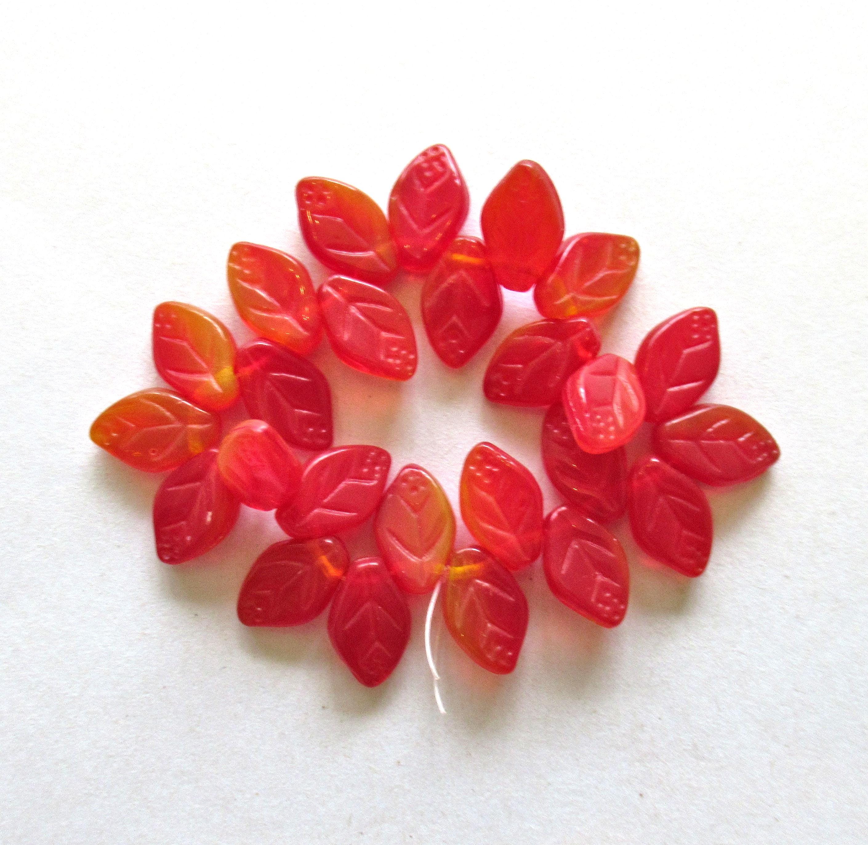 25 Czech glass leaf beads -red & yellow opaline mix - 12 x 8mm - side drilled leaves - C00011