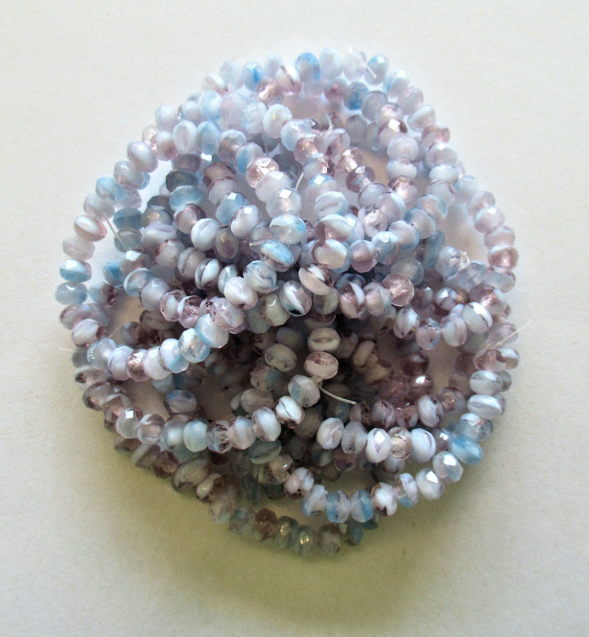 30 small Czech glass puffy rondelle beads - 3 x 5mm light lavender / purple & blue color mix faceted rondelles 00531