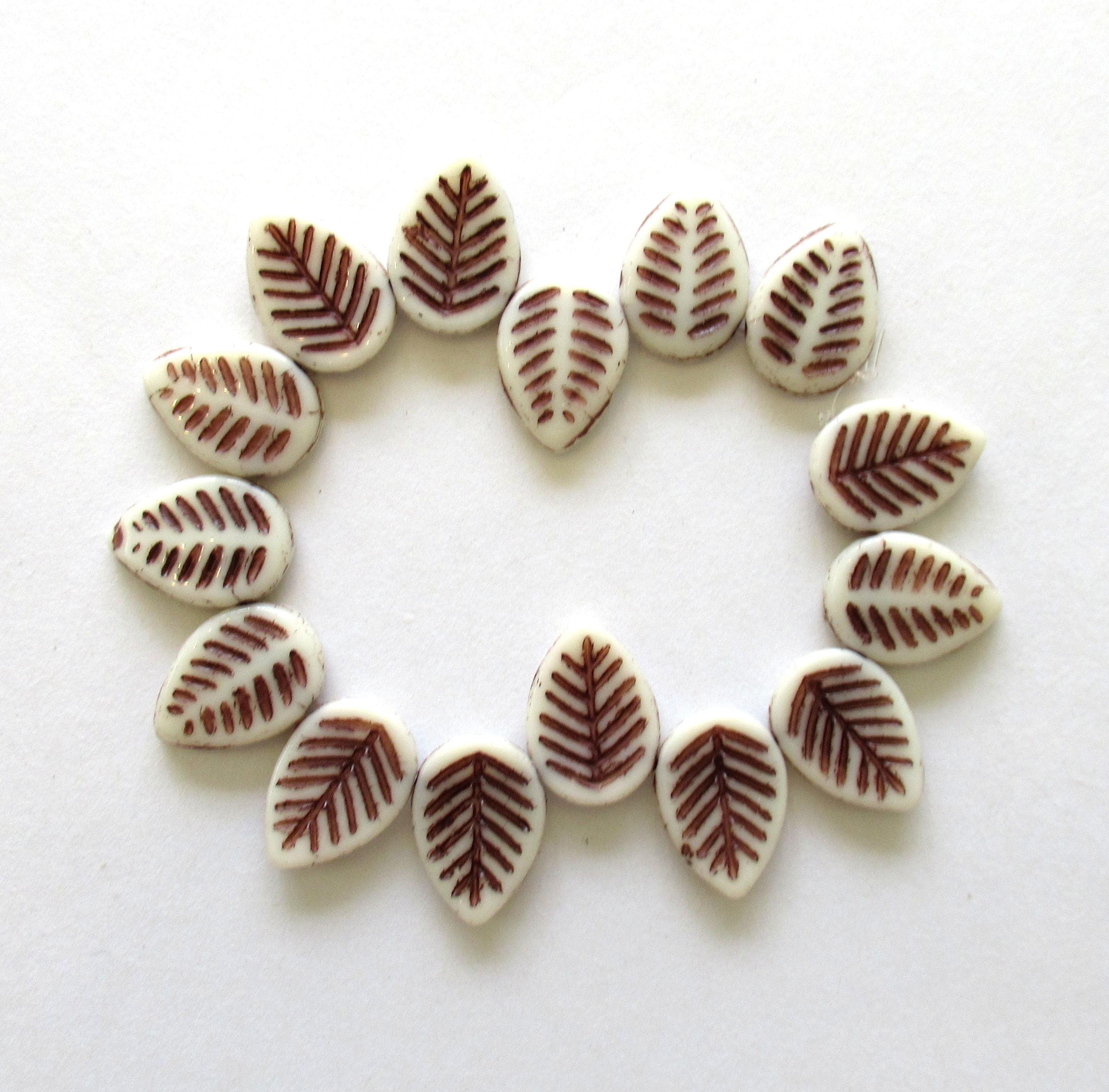 Ten large Czech glass leaf beads - side drilled white beads with a brown wash - 12 x 16mm carved beads C00041