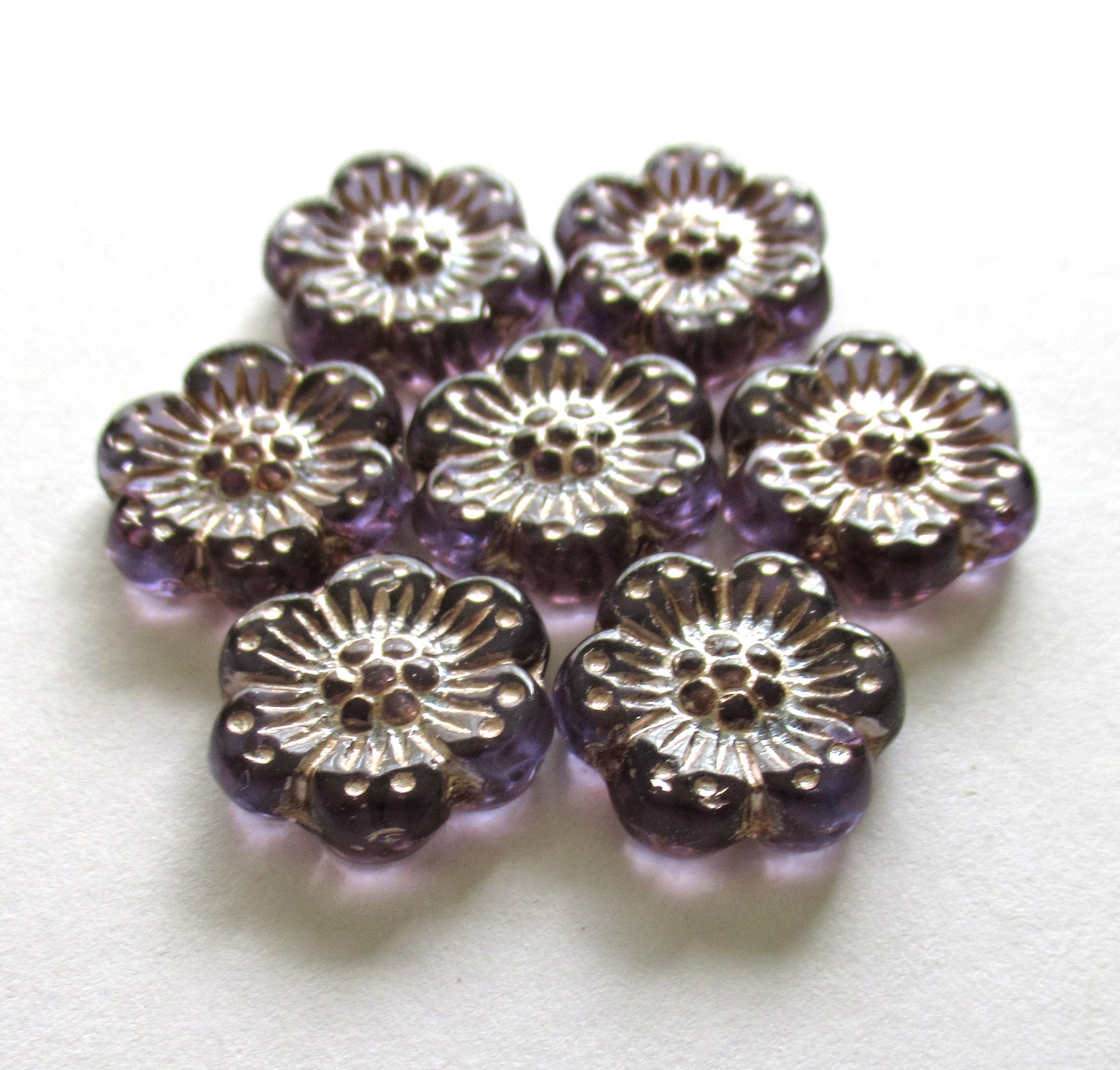 Twelve 14mm Czech glass wild rose flower beads - transparent light tanzanite purple floral beads with a platinum wash C00051