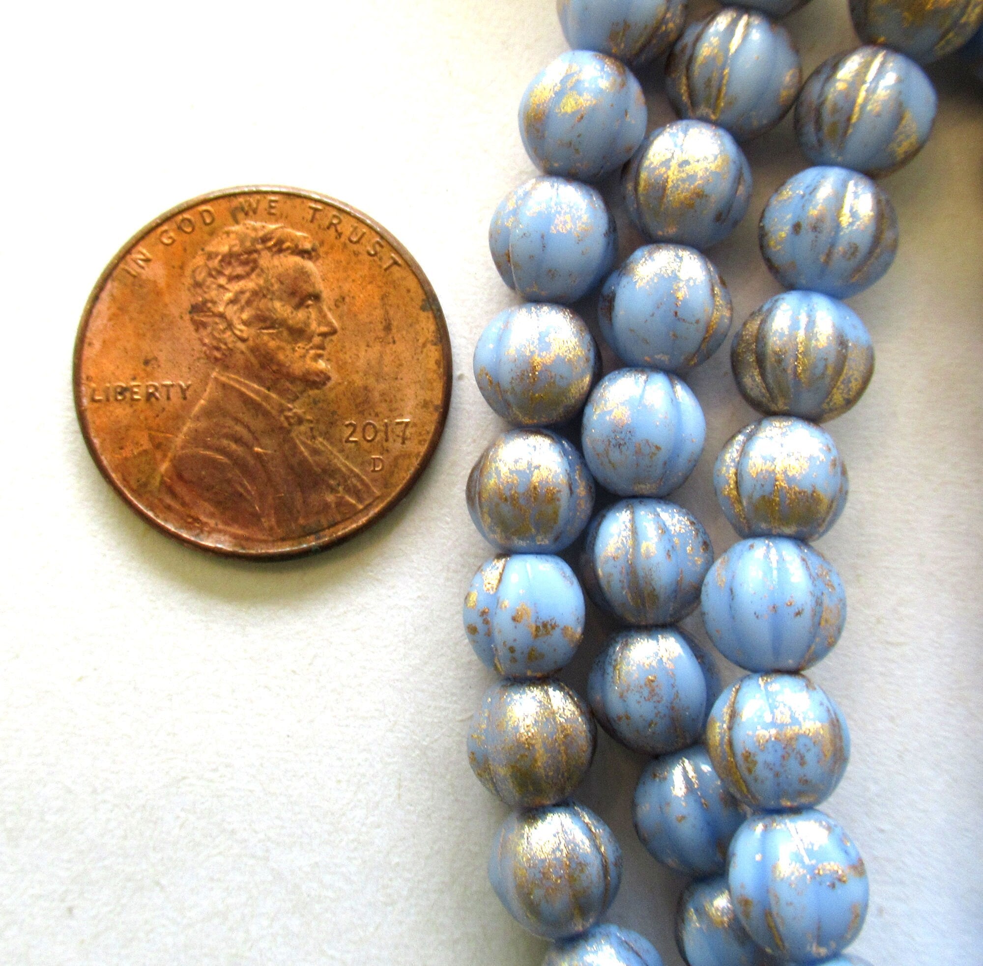 25 Czech pressed glass melon beads - 6mm opaque light periwinkle blue with gold accents - C0018